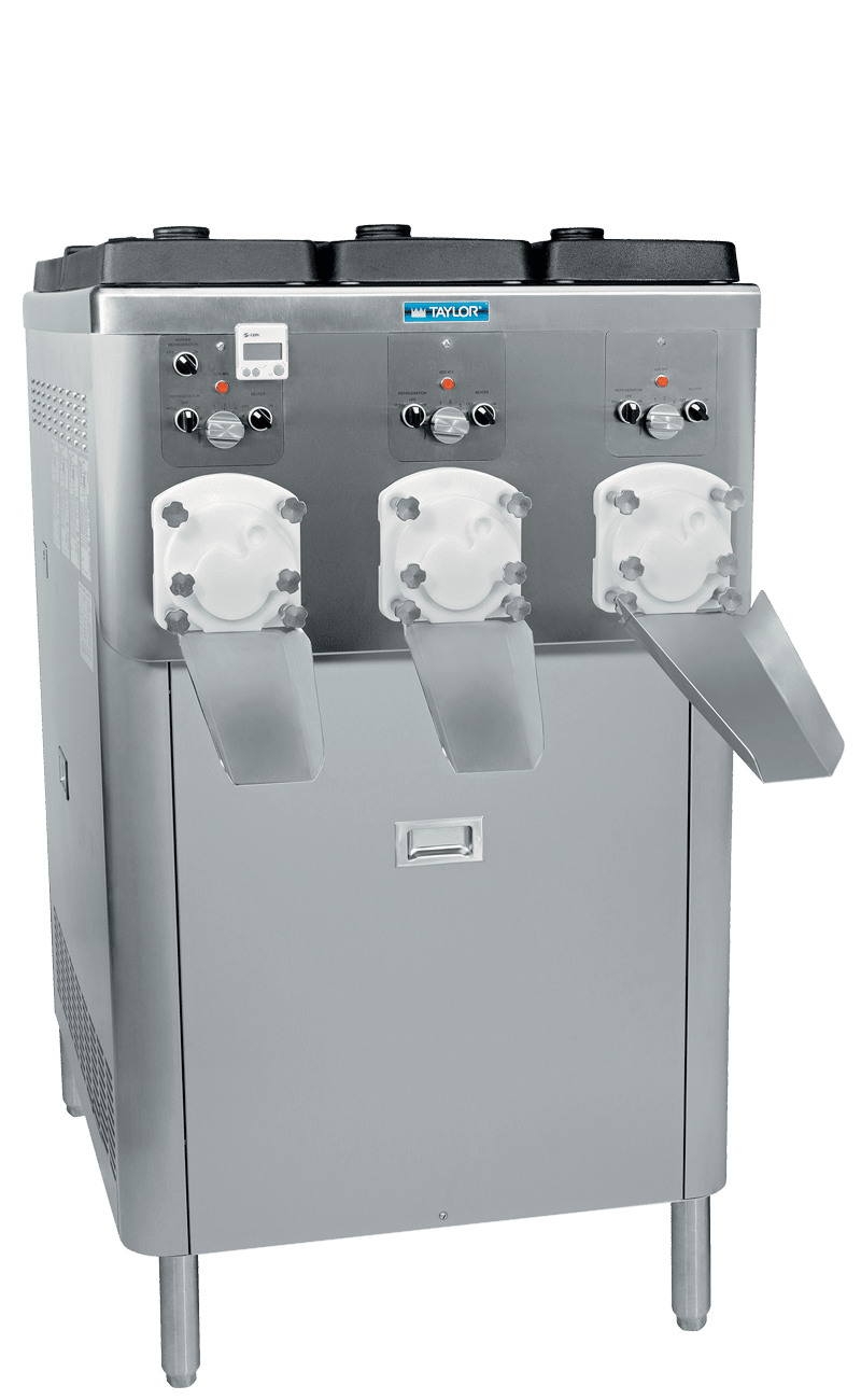 stainless steel commercial batch freezer with 3 spouts that is for continuous custard, batch, freezing.