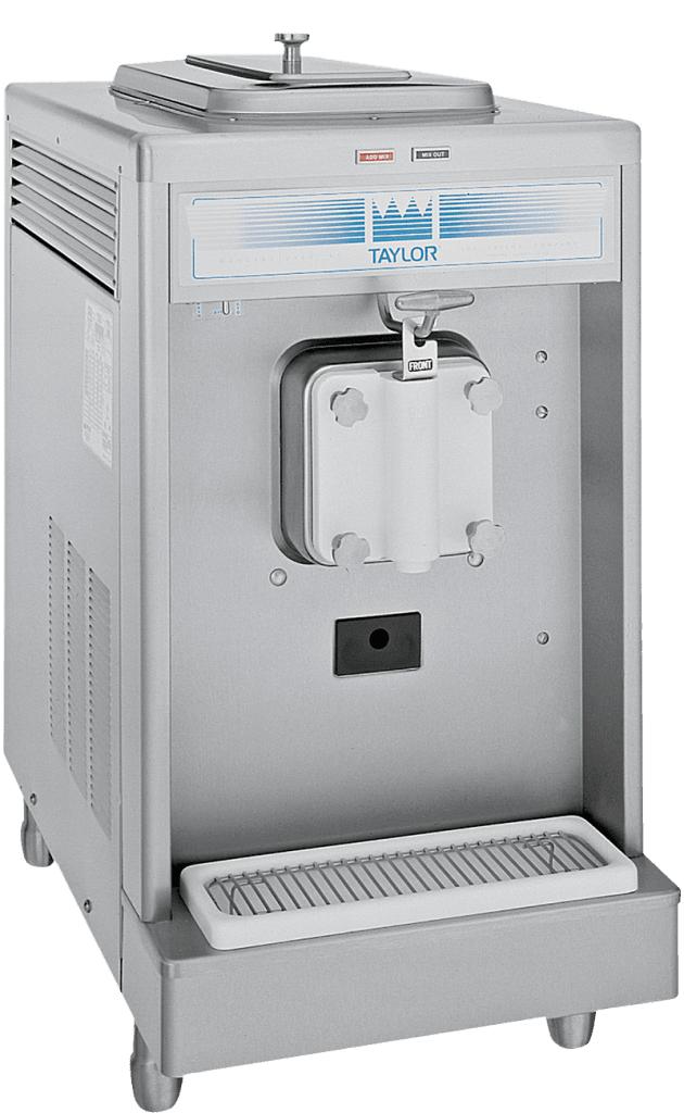 Stainless steel countertop frozen beverage machine that has a blue Taylor logo on front panel