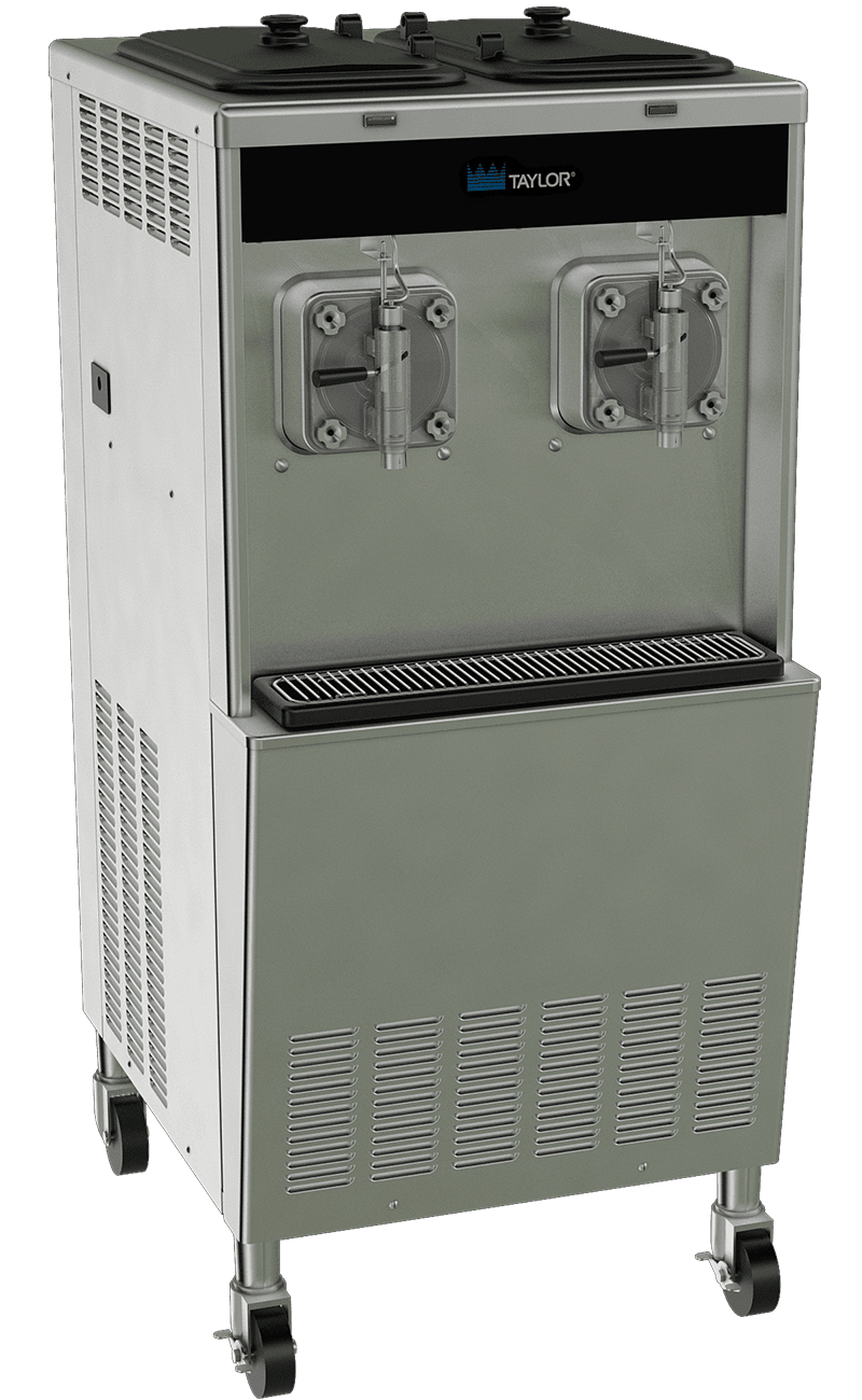 Stainless steel and black large commercial frozen beverage machine with two spouts, a black banner with the Taylor logo.