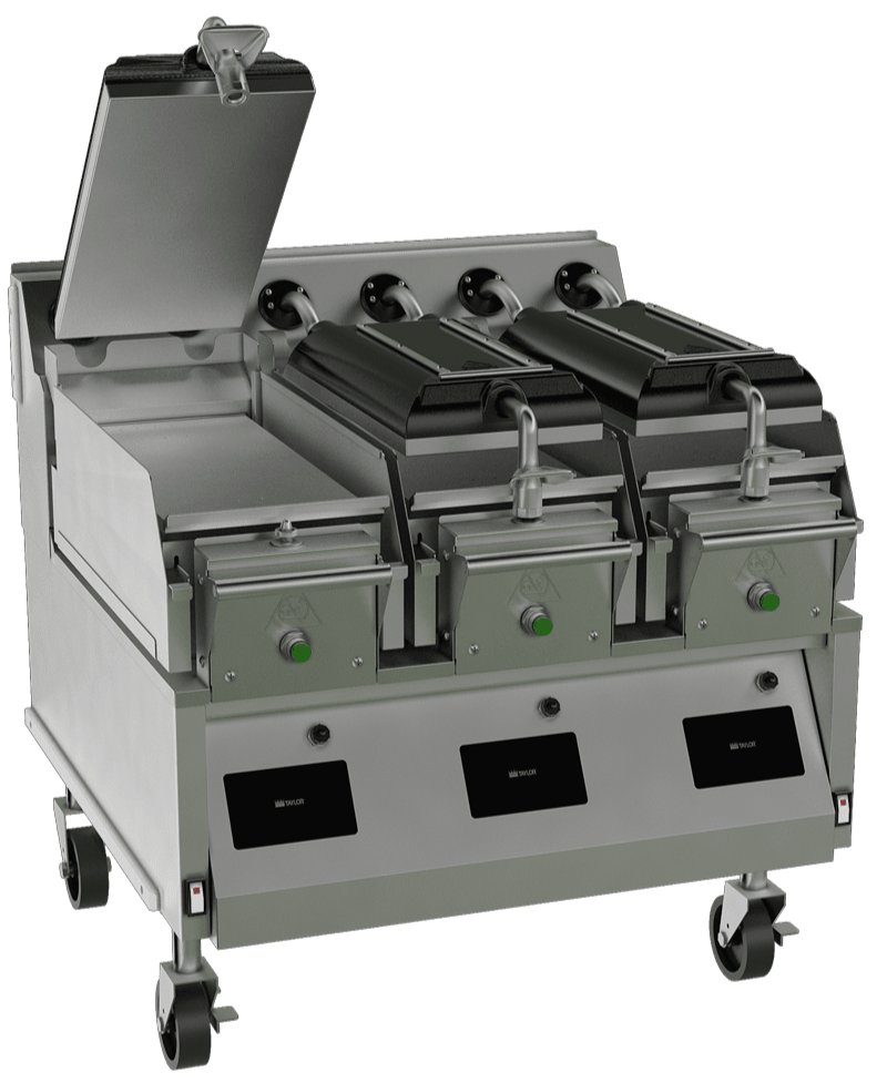 Stainless steel commercial three Platten automated grill with touchscreens and three PlaStainless steel commercial three Platten automated grill with touchscreens and three platens on casters.tins on casters.