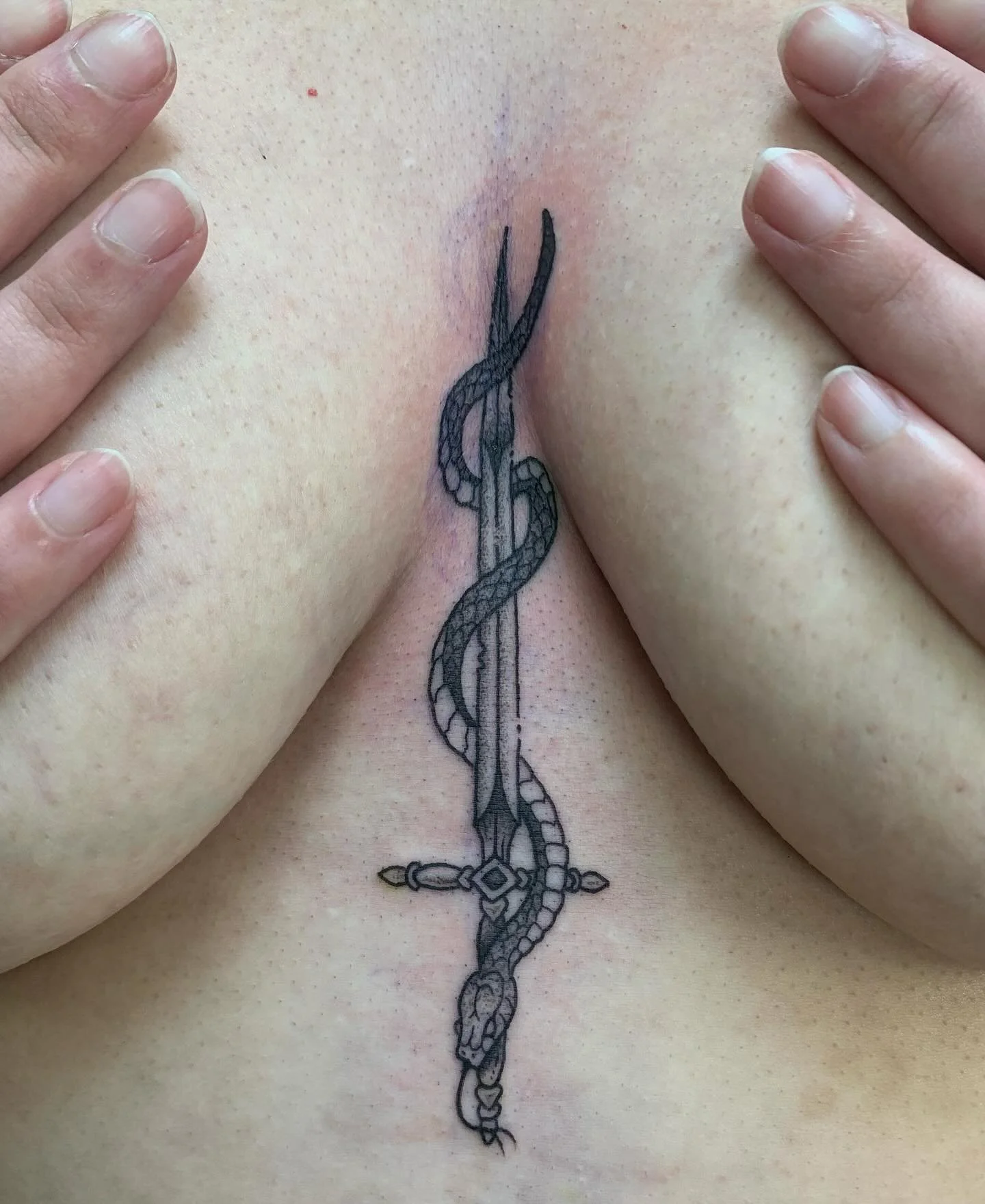 snake and sword! this client sat like a rock for this super tough placement, and i had fun putting all these teeny details in on this piece. thanks for looking, dm or email to book! 
#apprenticetattoo #clevelandtattooartist #sternumtattoo