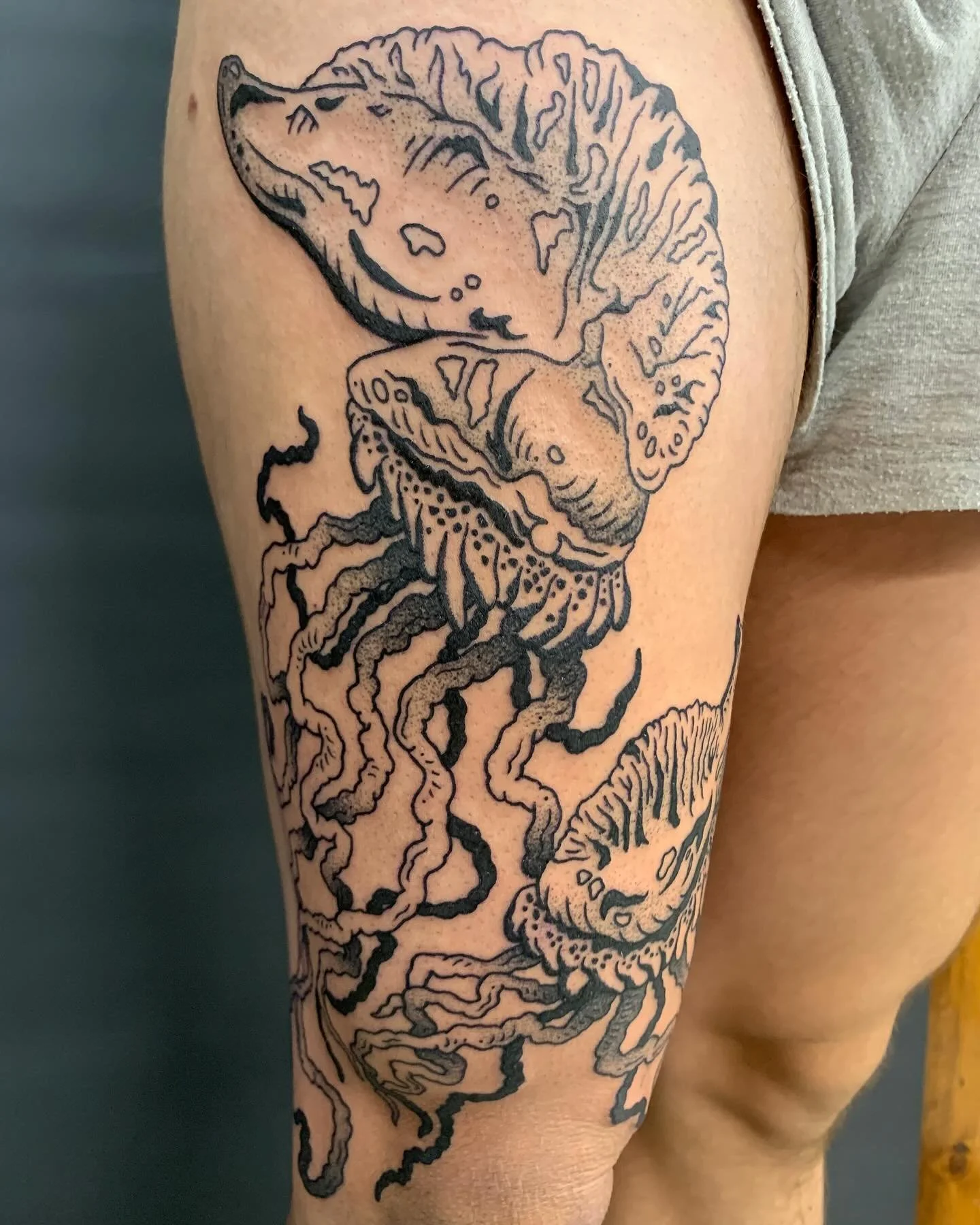 blue bottle jellyfish for rowan! i'm incredibly lucky to have clients willing to travel for my work, thanks for making the trek to cleveland for this piece. done in one day at @americantattoostudios 🖤😈
#apprenticetattoo #blackandgreytattoo #clevel