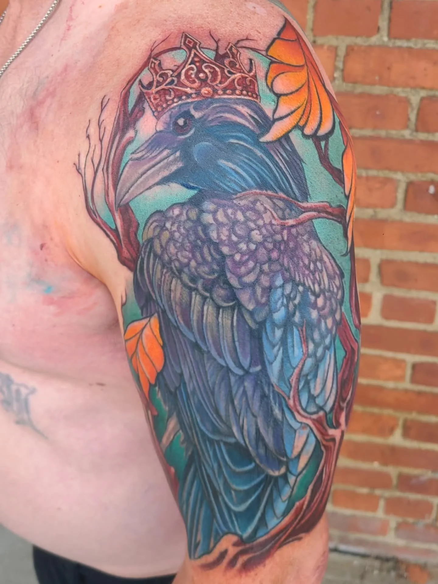 Third and final session on this big raven cover. Huge thank you to jason for bringing such an awesome concept to the table on this project, and for all your trust in the process. 
•
#americantattoostudios #drvodkatattoos #clevelandtattooartist #
