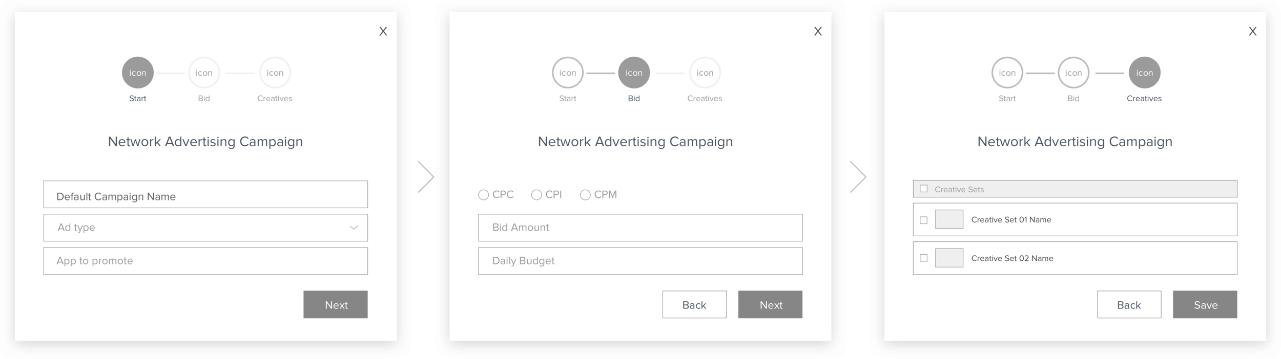 First proposal for the quick campaign UX using a progress indicator (click to enlarge). This UX allows to show content in bite-sized pieces that are easily digestible.