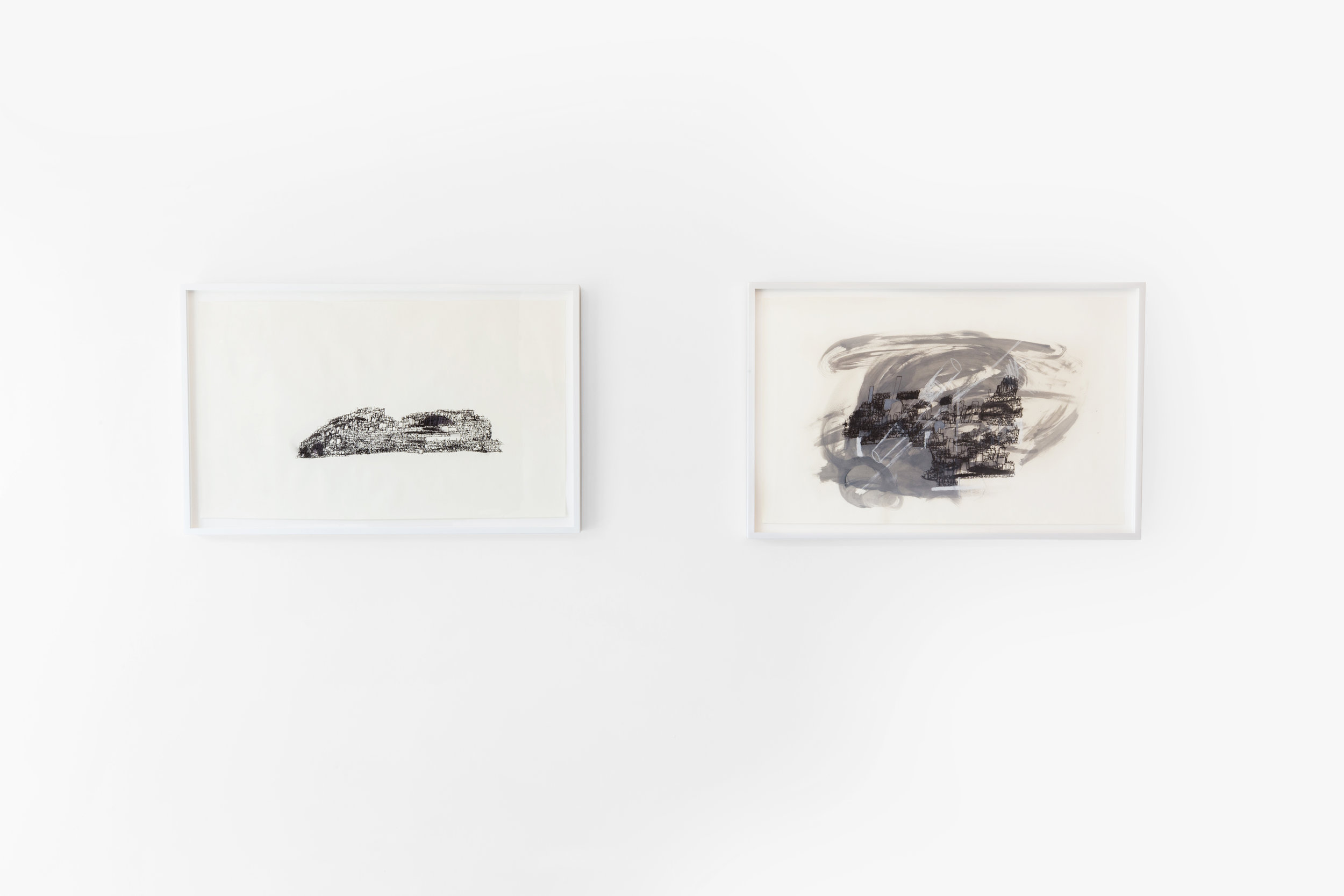 Left: Renee Gladman. "Untitled," 2016. Ink on paper. 24” x 36” Right: Renee Gladman. "Untitled, Cities: Axes," 2016. Ink and gouache on paper. 24” x 36”