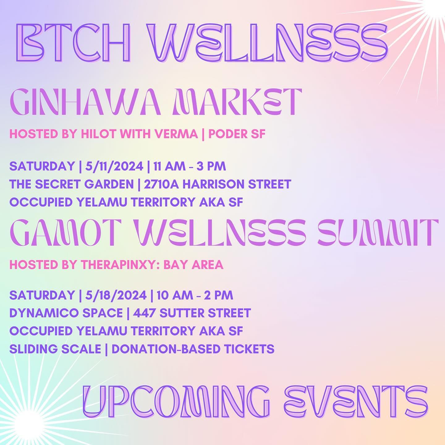 I will be at a couple of pop-ups this May! 
✨ 
GINHAWA MARKET | 11 am - 3 pm | The Secret Garden | Yelamu Territory | aka SF | hosted by @hilotwithverma @ginhawamarketplace &amp; @poder.sf 
✨ 
GAMOT WELLNESS SUMMIT | 10 am - 2 pm | Dynamico Space | Y