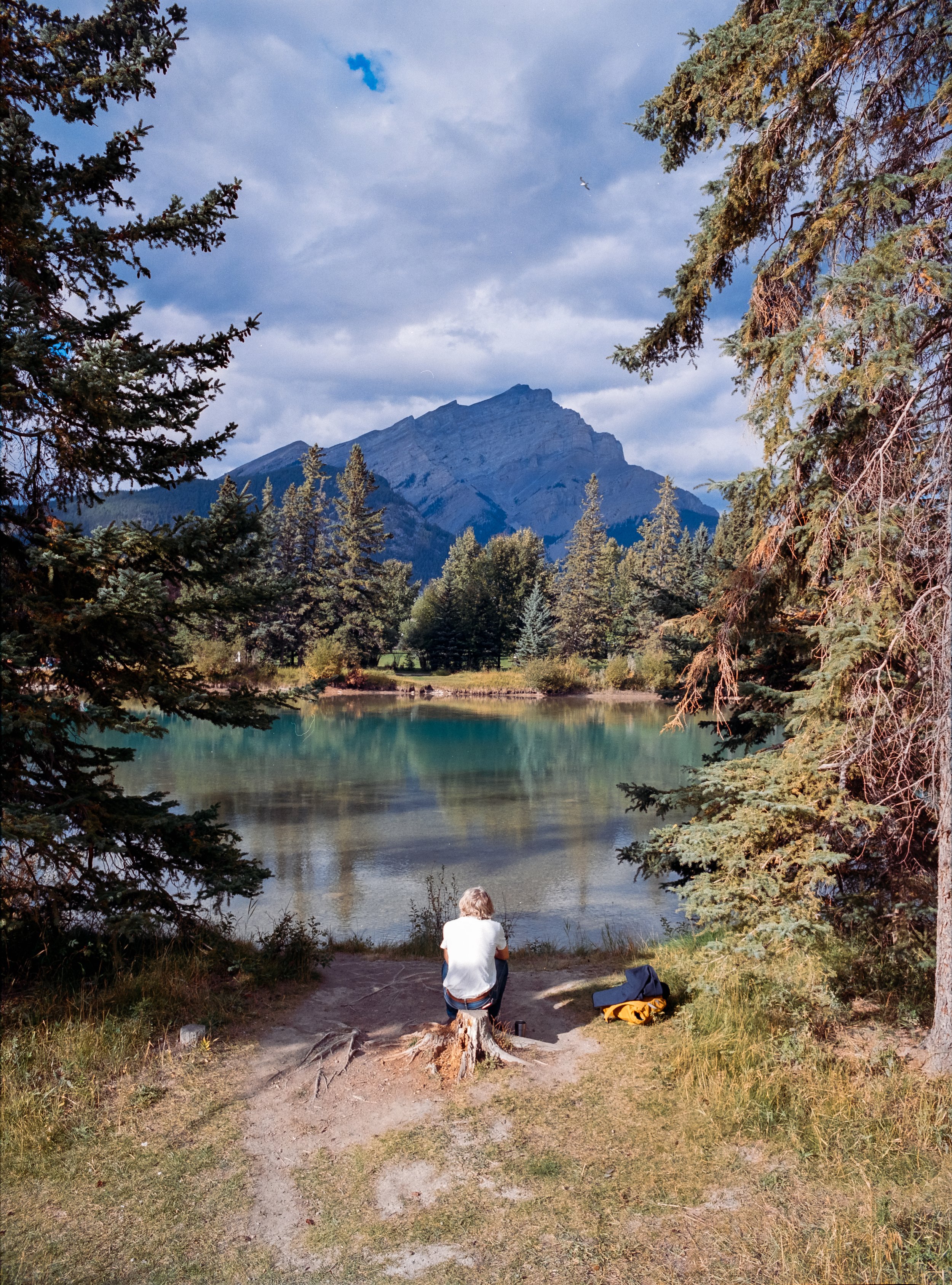 A solitary man sits atop a tree stump looking out across the Bow River. Banff, Canada.