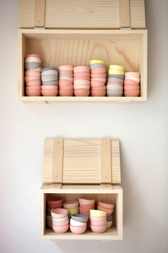 STOCK II and STOCK III , 2014 / Lokal Helsinki , Pink Exhibition (W 30 D 15 H 40 cm) (down) , ( W 40 D 15 H 35 cm ) (up) Stained porcelain & spruce Photo by Katja Hagelstam