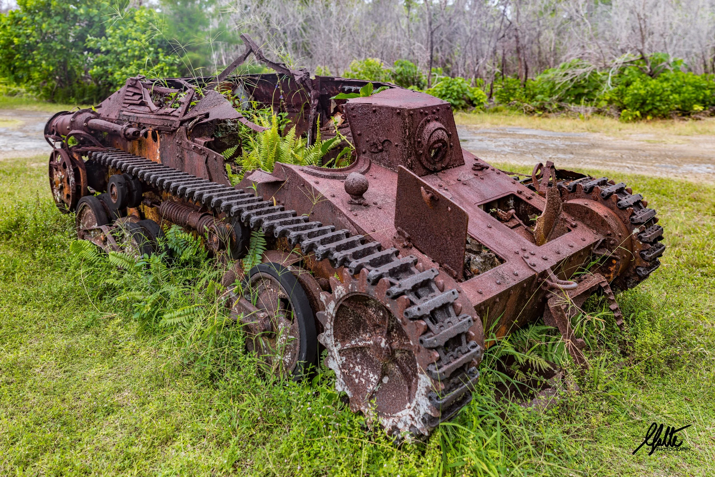 As the Marines were getting a tenous foothold near the end of the first day, the Japanese counterattacked them to push them off the beaches with 15 of these Type 95 light tanks, all of which were quickly destroyed. This one never made it near to the beaches having been destroyed near the airfield.