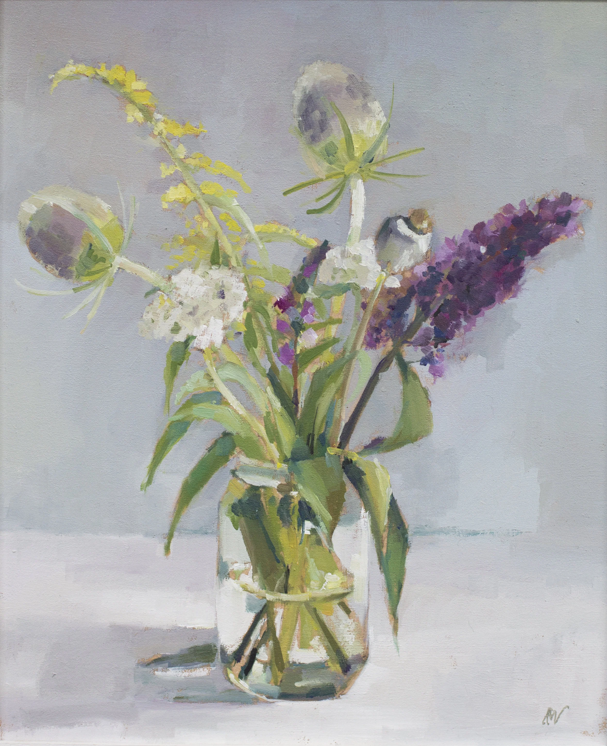 'Jam Jar with Teasels and Buddleia' Framed Oil on Board. Image Size - 24.5cm x 29cm