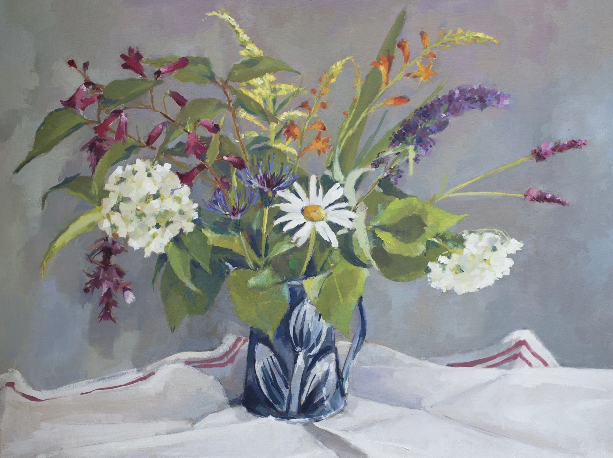 'Late summer flowers in blue jug' Framed oil on board (image size - 59cm x 43cm)