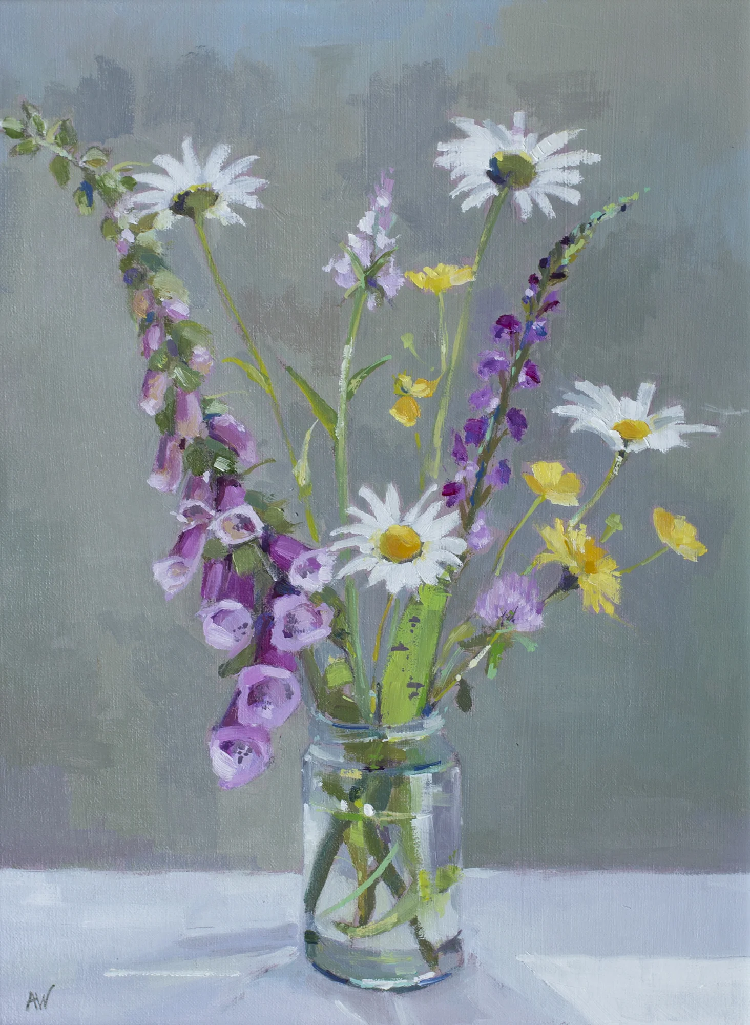 'Jam jar flowers with foxglove' Framed oil on board (image size - 30cm x 39cm)