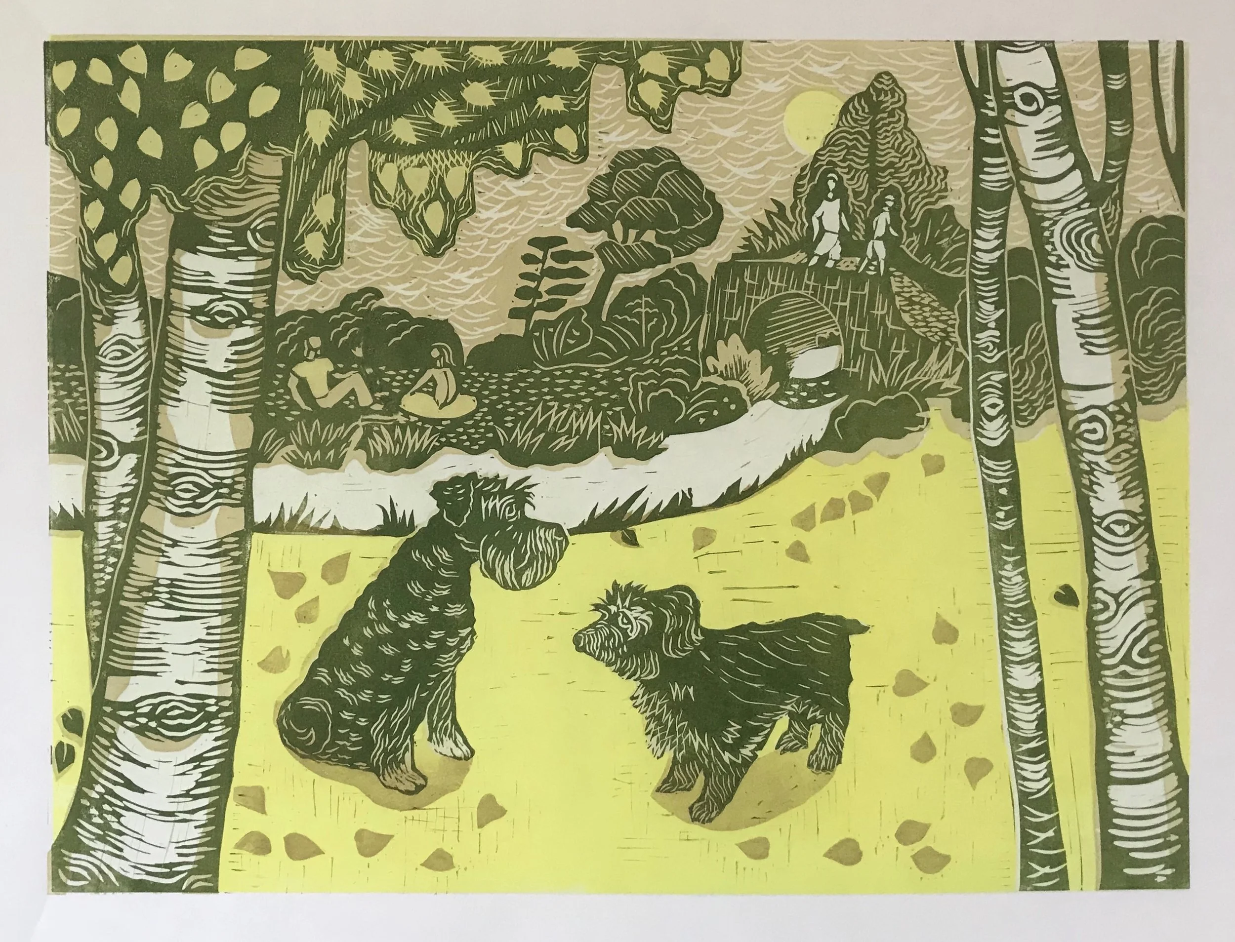 'In the Park' Original Framed Lino 3/6 image size - 40cm x 30cm