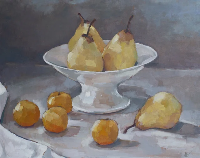 'Pears and Golden Plums' Oil on board 33cm x 27cm ( Framed size - 50cm x 42cm)