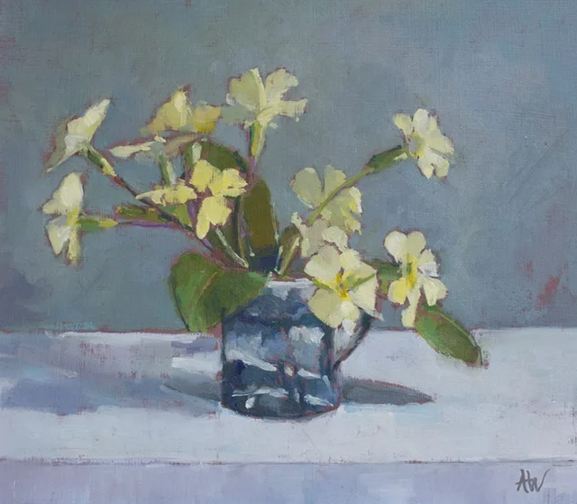 'Primroses' Oil on board 24cm x 21cm ( Framed size - 36cm x 40cm)