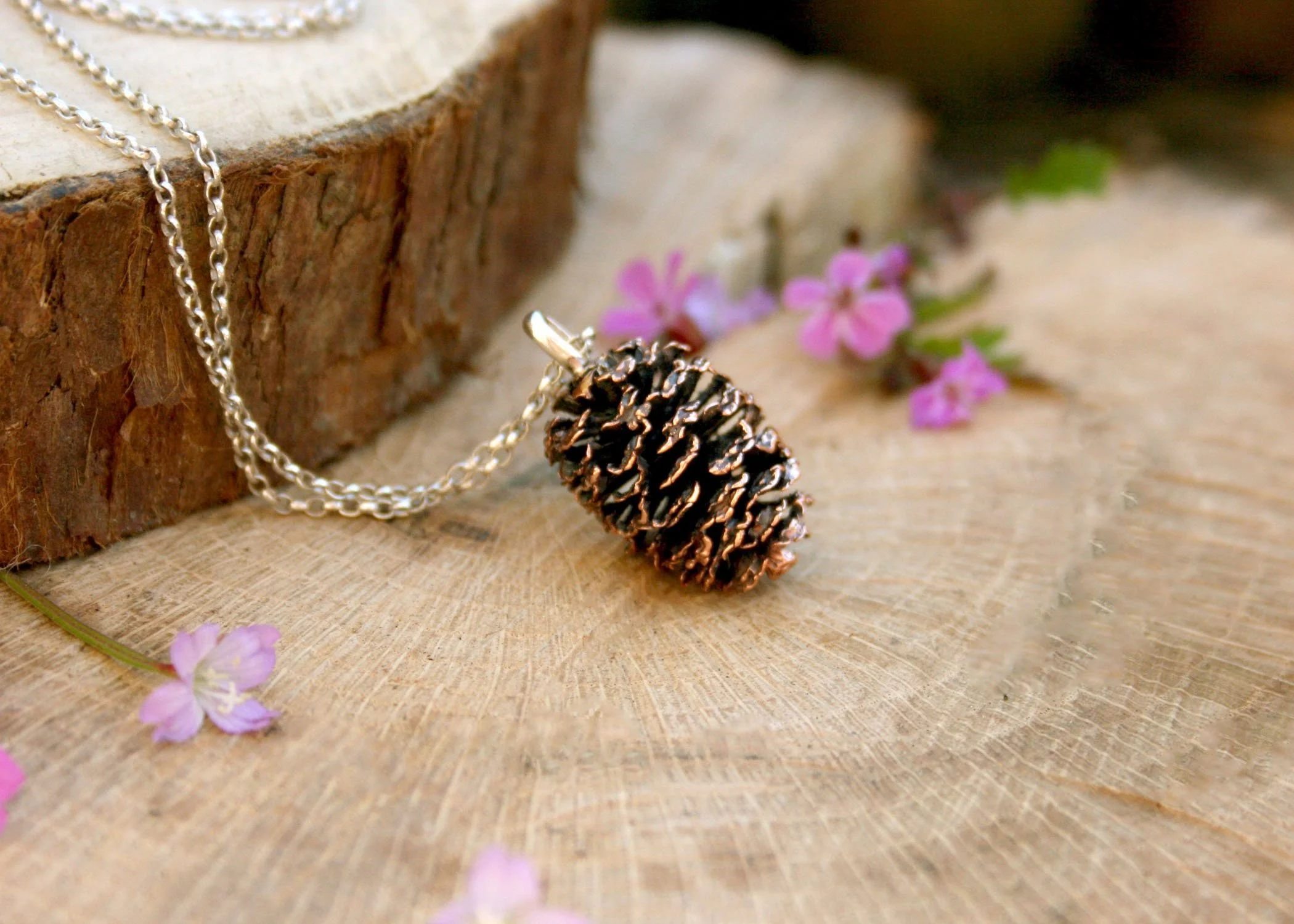 Chunky Pink Bronze Pinecone Necklace