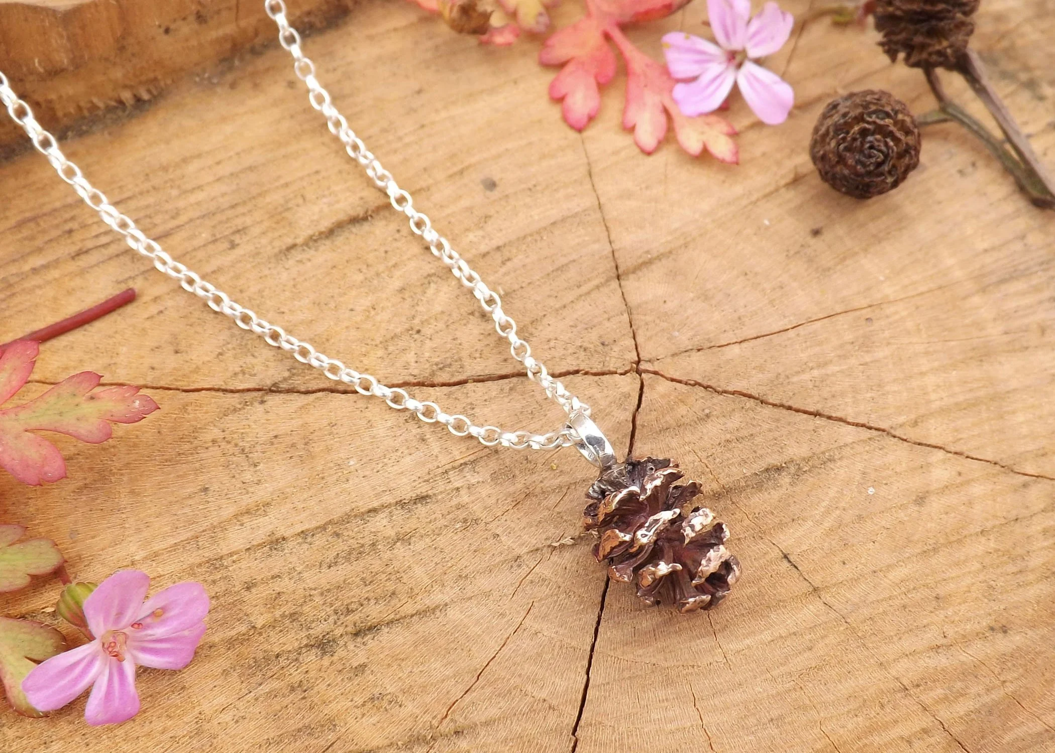 Pink Bronze Pinecone Necklace