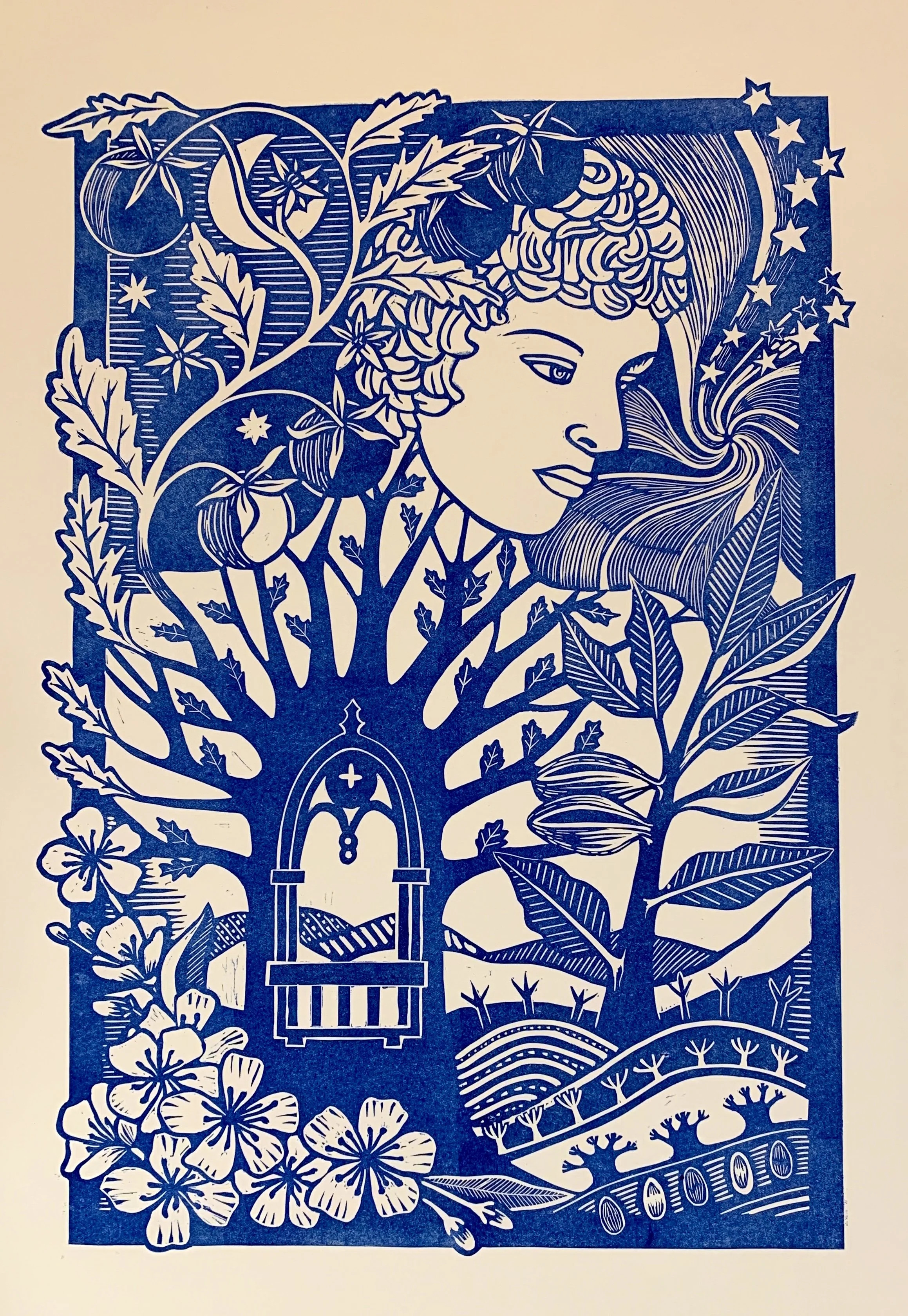 'Bertie's Lullaby' Original Limited Edition Lino Print. 4/5 Framed Size - 44cm x 54cm