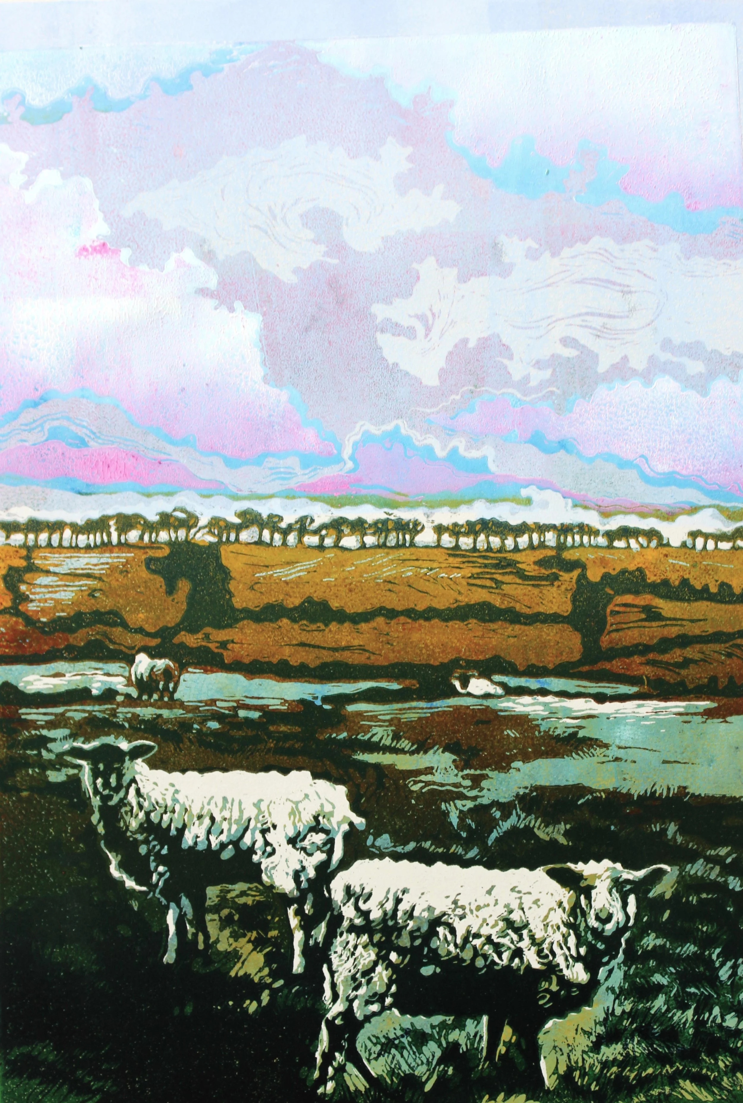 'Sheep fields 2' Original Lino Print 