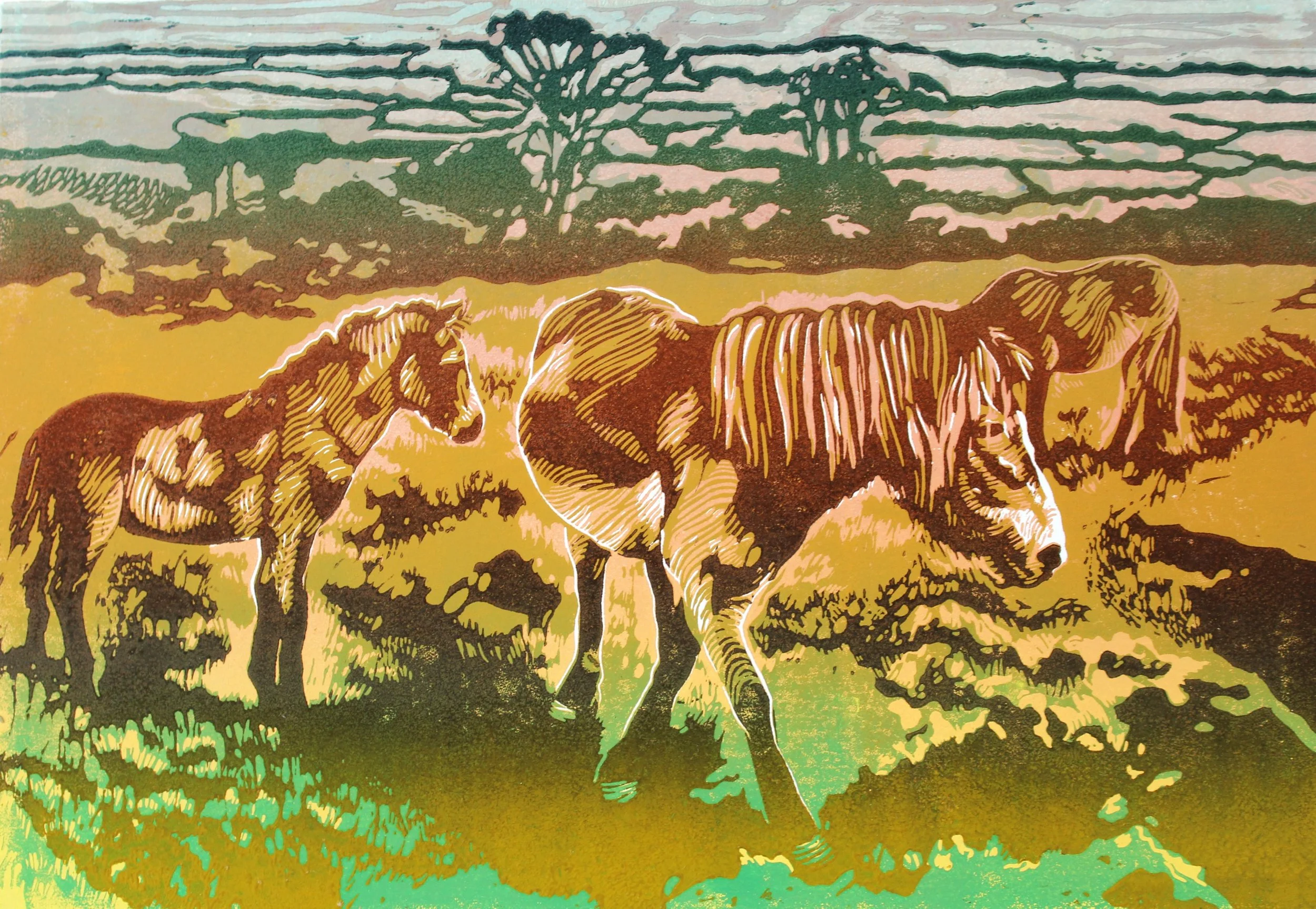 'Exmoor Ponies on Haddon Hill' Limited Edition Lino Print