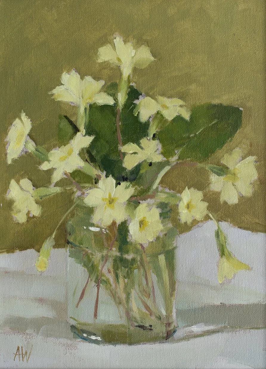 'Primroses in Jar' Oil on Linen Board. Framed Size - 29cm x 35cm