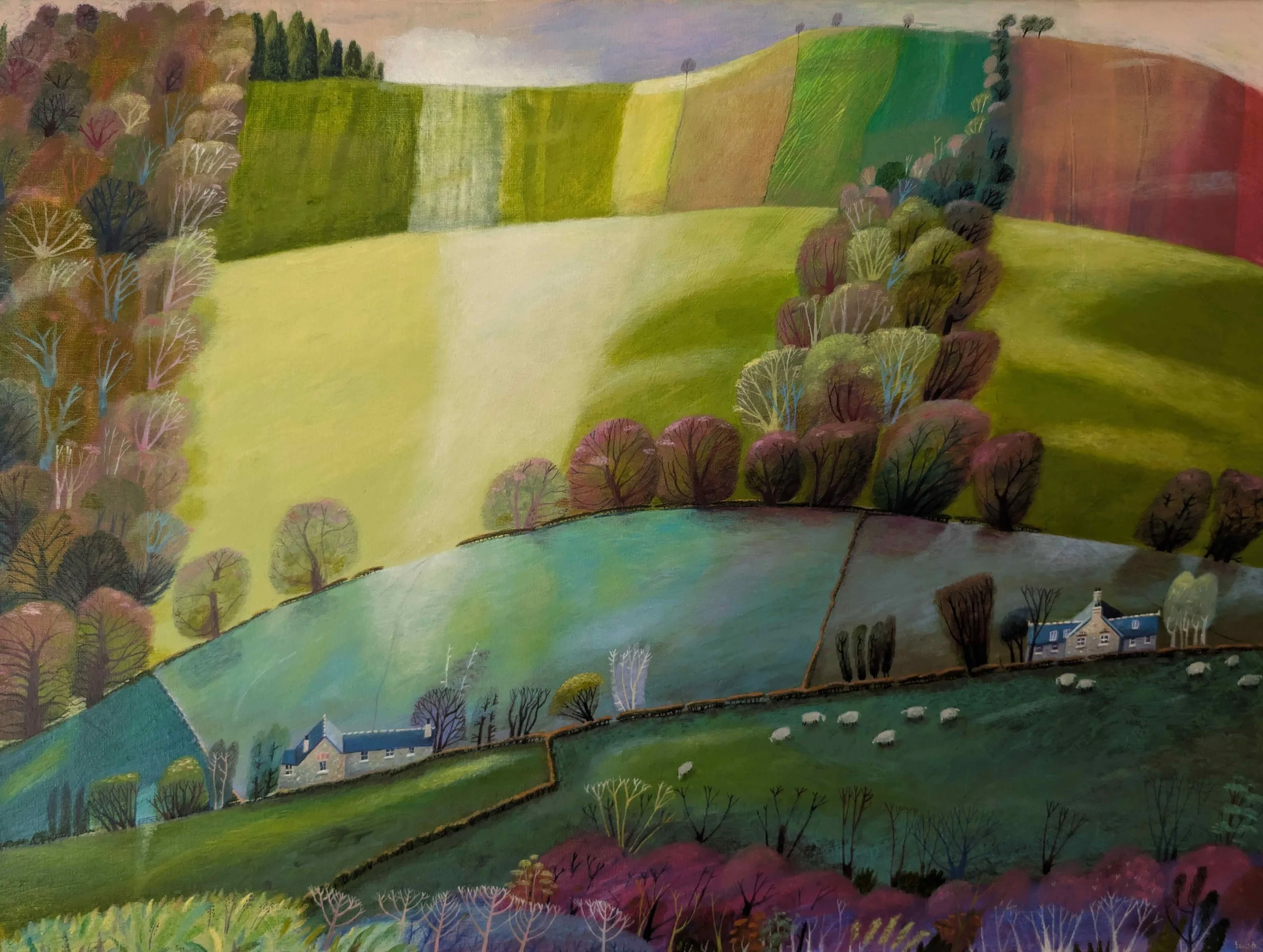 'Sheep Fields' - Acrylic on canvas. Framed size - 51cm x 65cm.