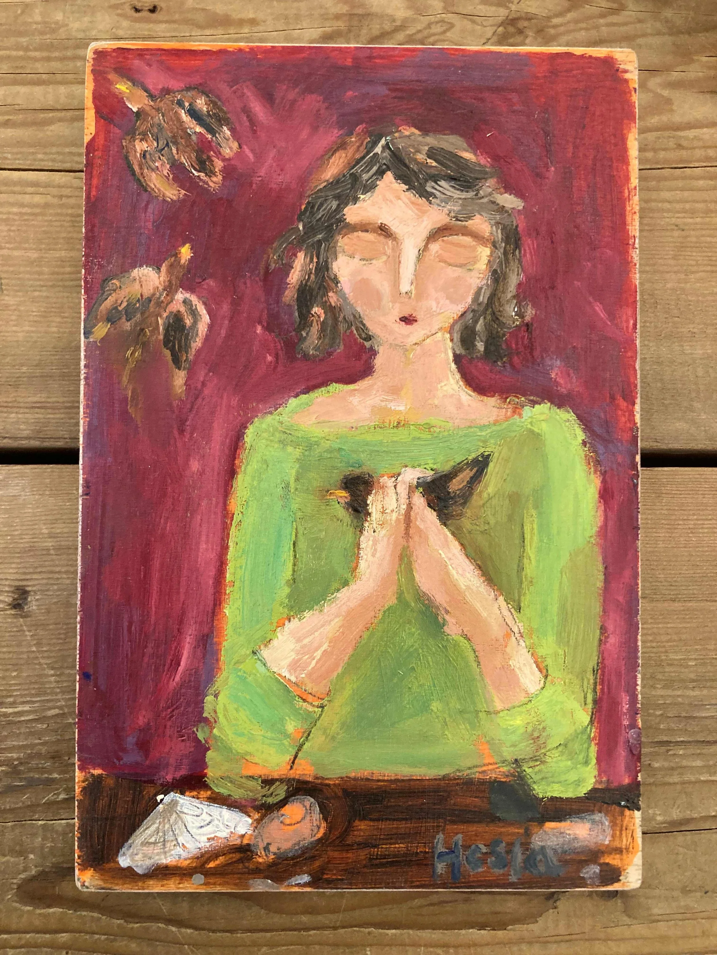 'Green Lady with Birds' - £68 -SOLD