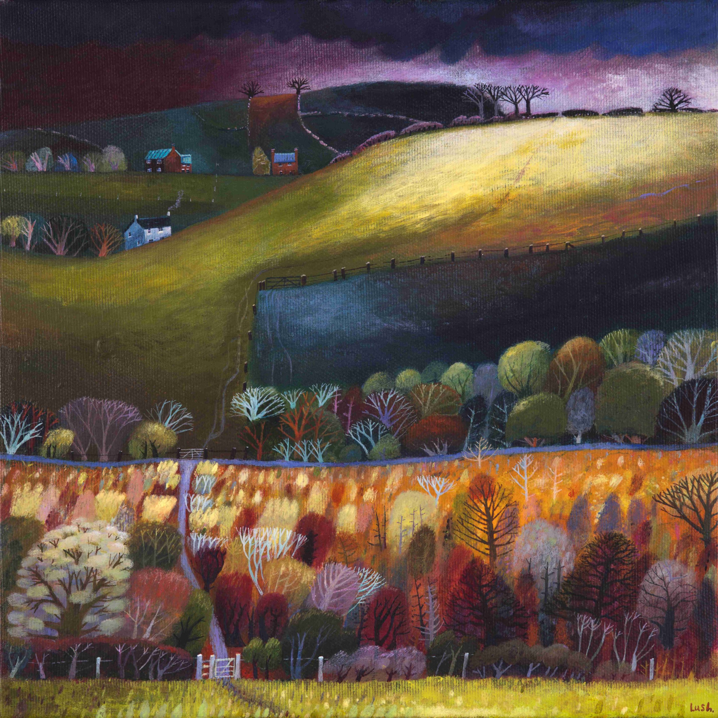 'Home Before Dark' - Acrylic on canvas. Framed size - 37cm x 37cm.