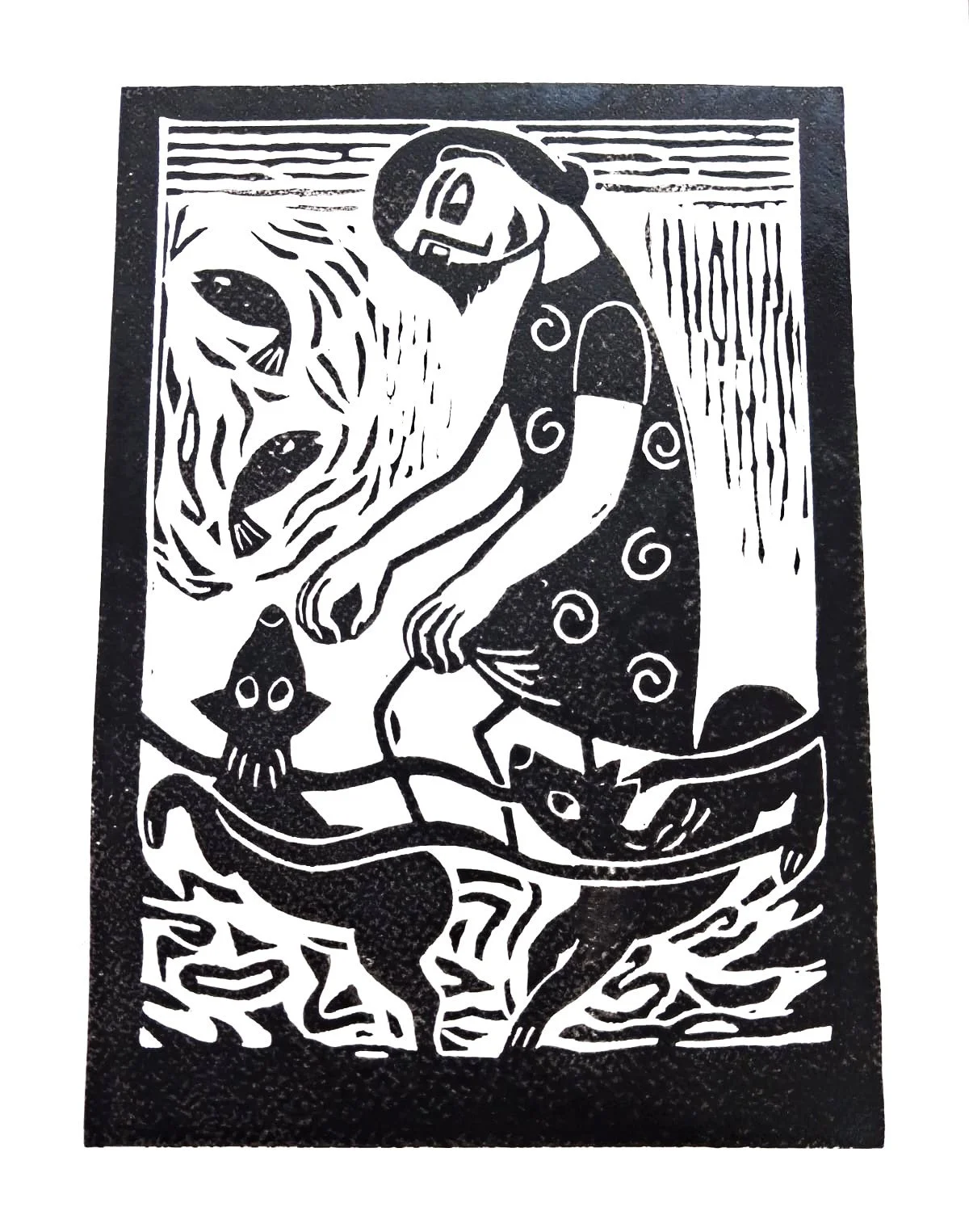 'Dogs in Water' Limited Edition Original Signed Lino Print