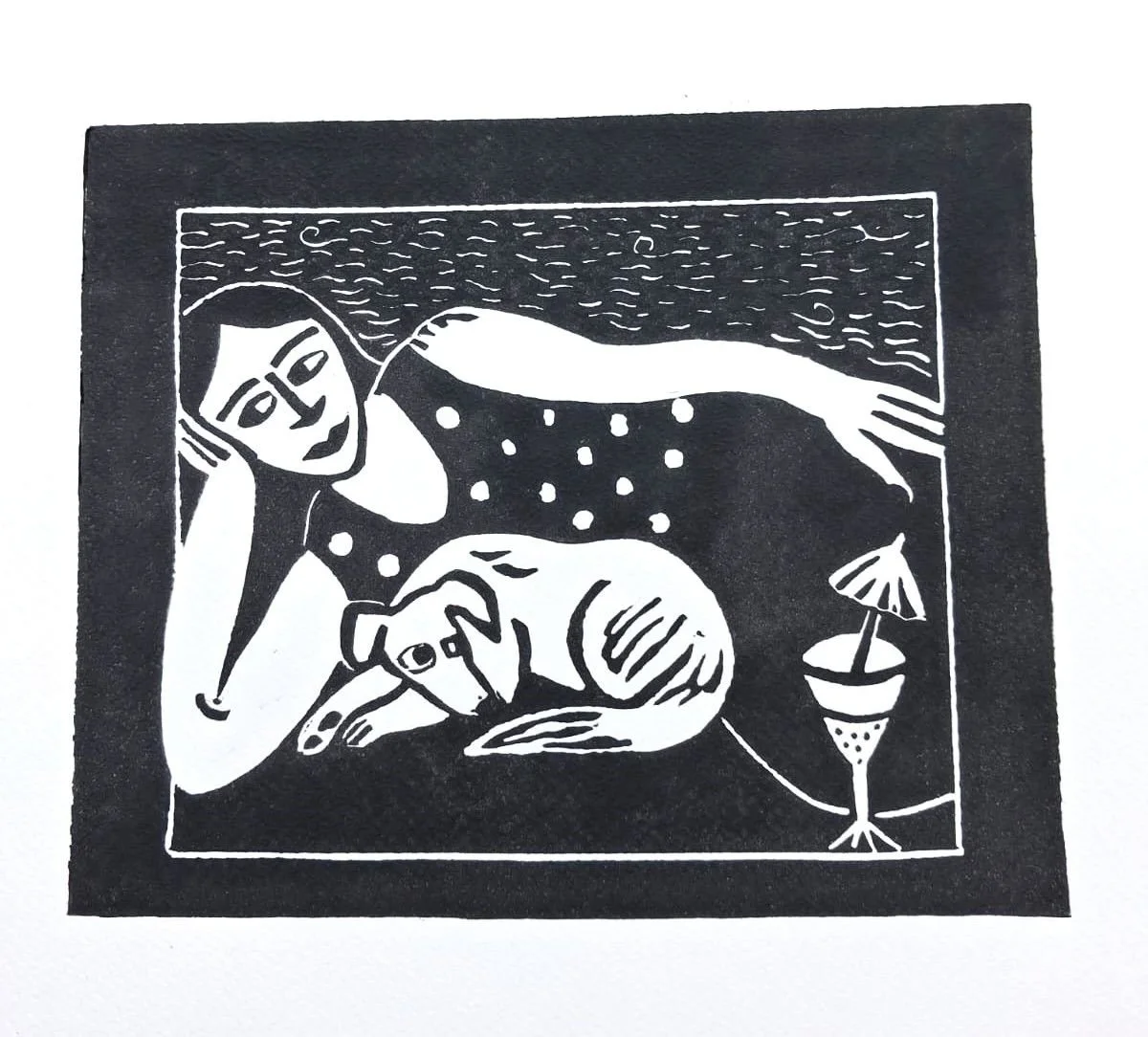 'Dog and Cocktail' Limited Edition Original Signed Lino Print