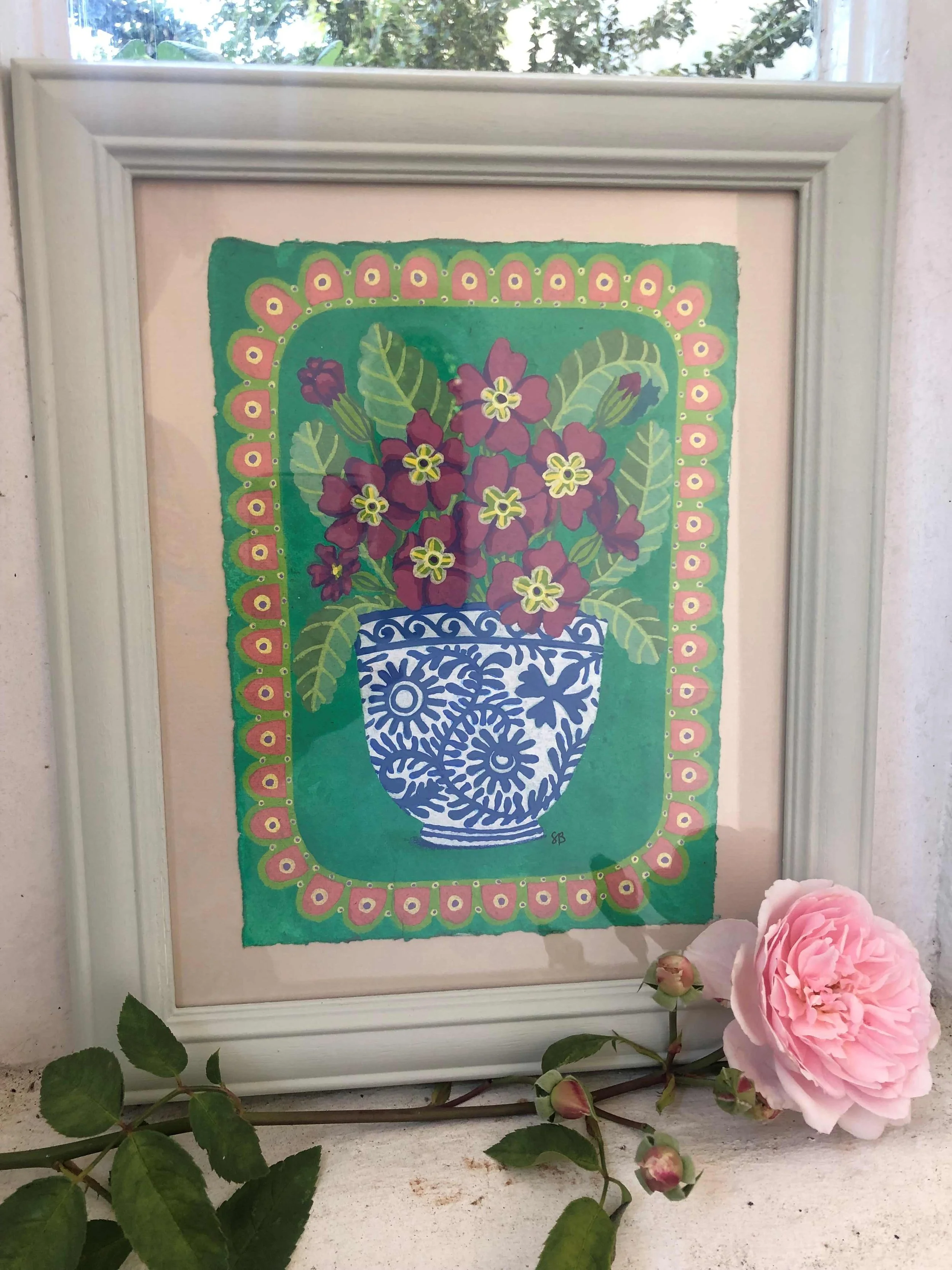 'Purple Primroses in Blue and White Vessel' £245