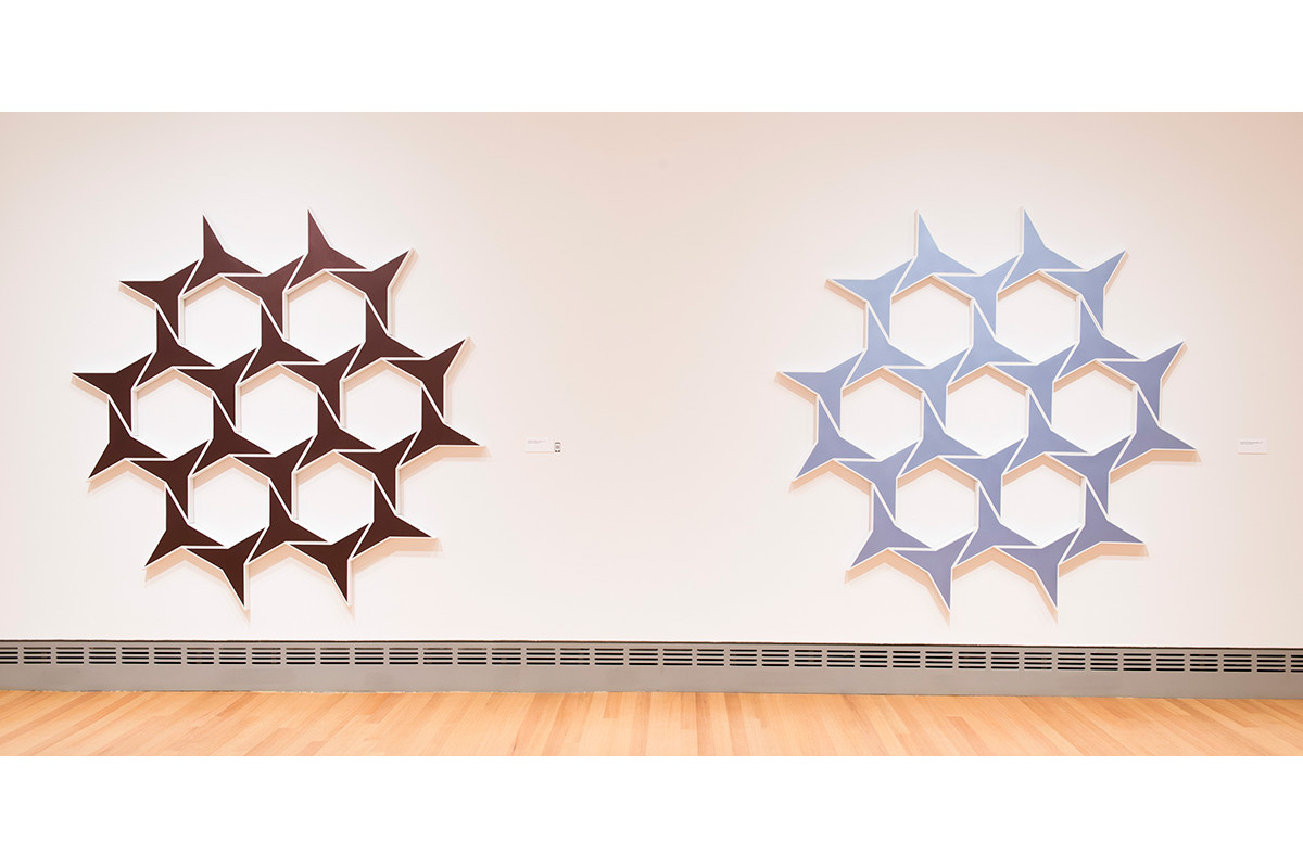 Left: Jerash XI: Black Cherry. 2011. Acrylic on 24 canvases. 84 x 84 in., 213.4 x 213.4 cm. Right: Jerash XIII: Shimmering Sky. 2011. Acrylic on 24 canvases. 84 x 84 in., 213.4 x 213.4 cm.