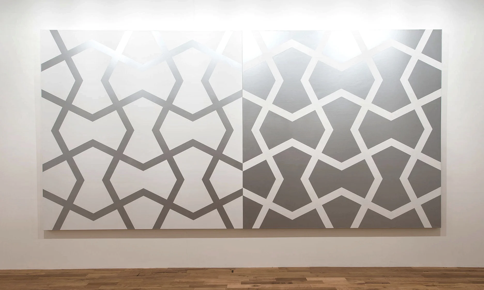 Mughal V: Silver and White 1984. Acrylic on 2 canvases. 96 x 192 in., 243.8 x 487.7 cm.