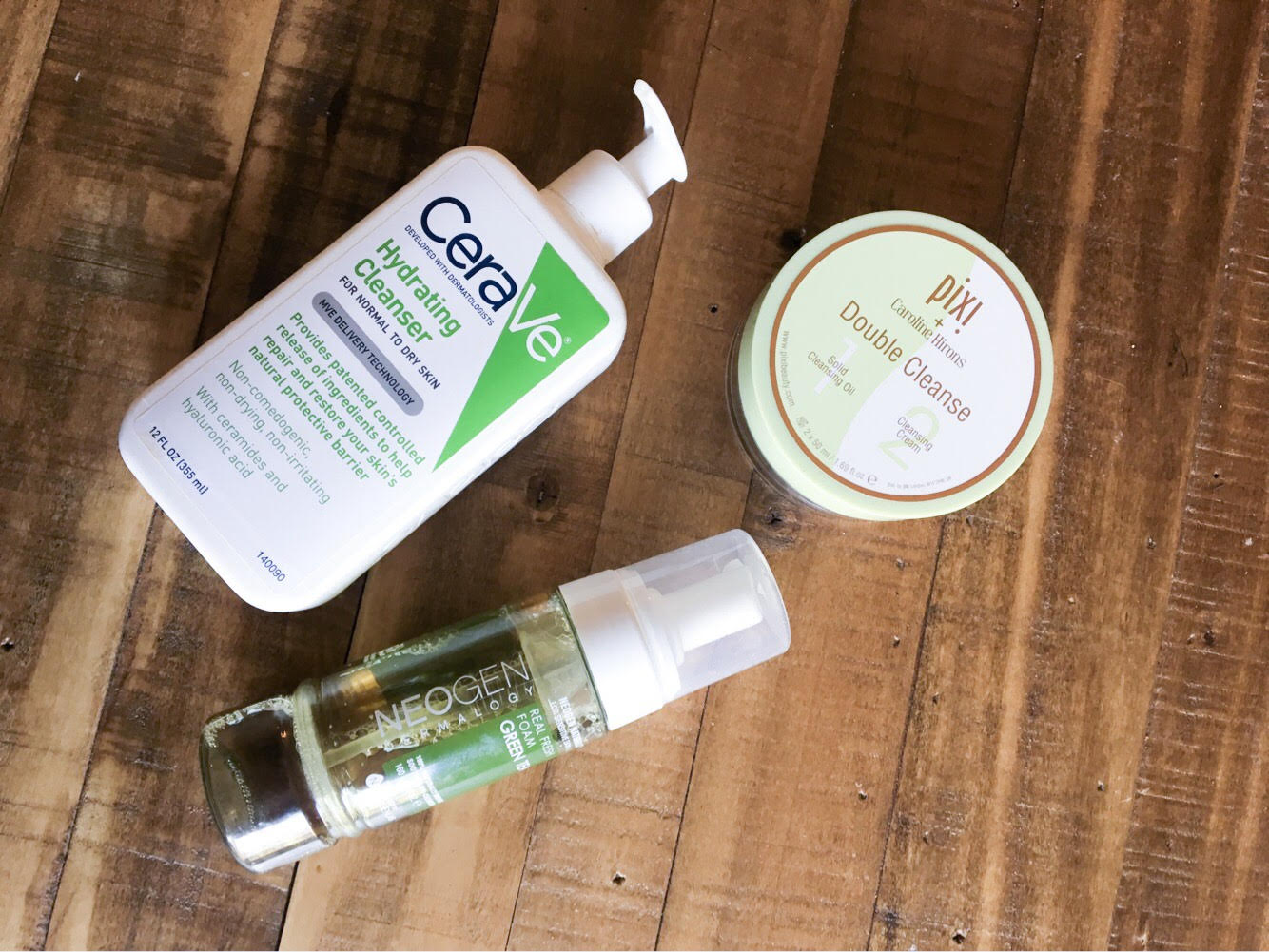 The cleansers that Alex keeps on rotation, clockwise from top: CeraVe Hydrating Cleanser, Pixi Double Cleanse, and Neogen Green Tea Real Fresh Foam Cleanser.