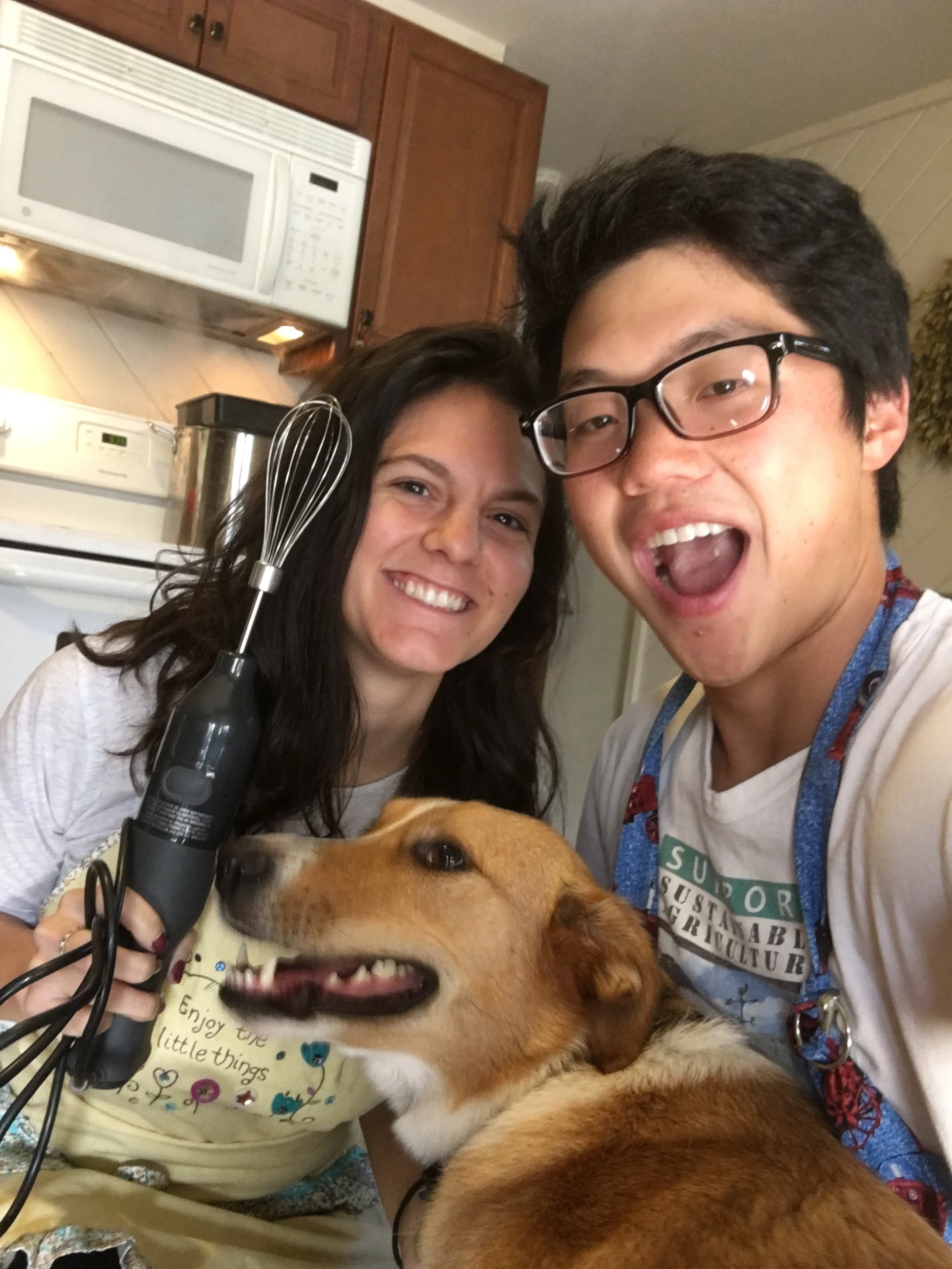 Gracie helping us bake cookies! Us learning that selfies with 2 people plus a dog is hard. 
