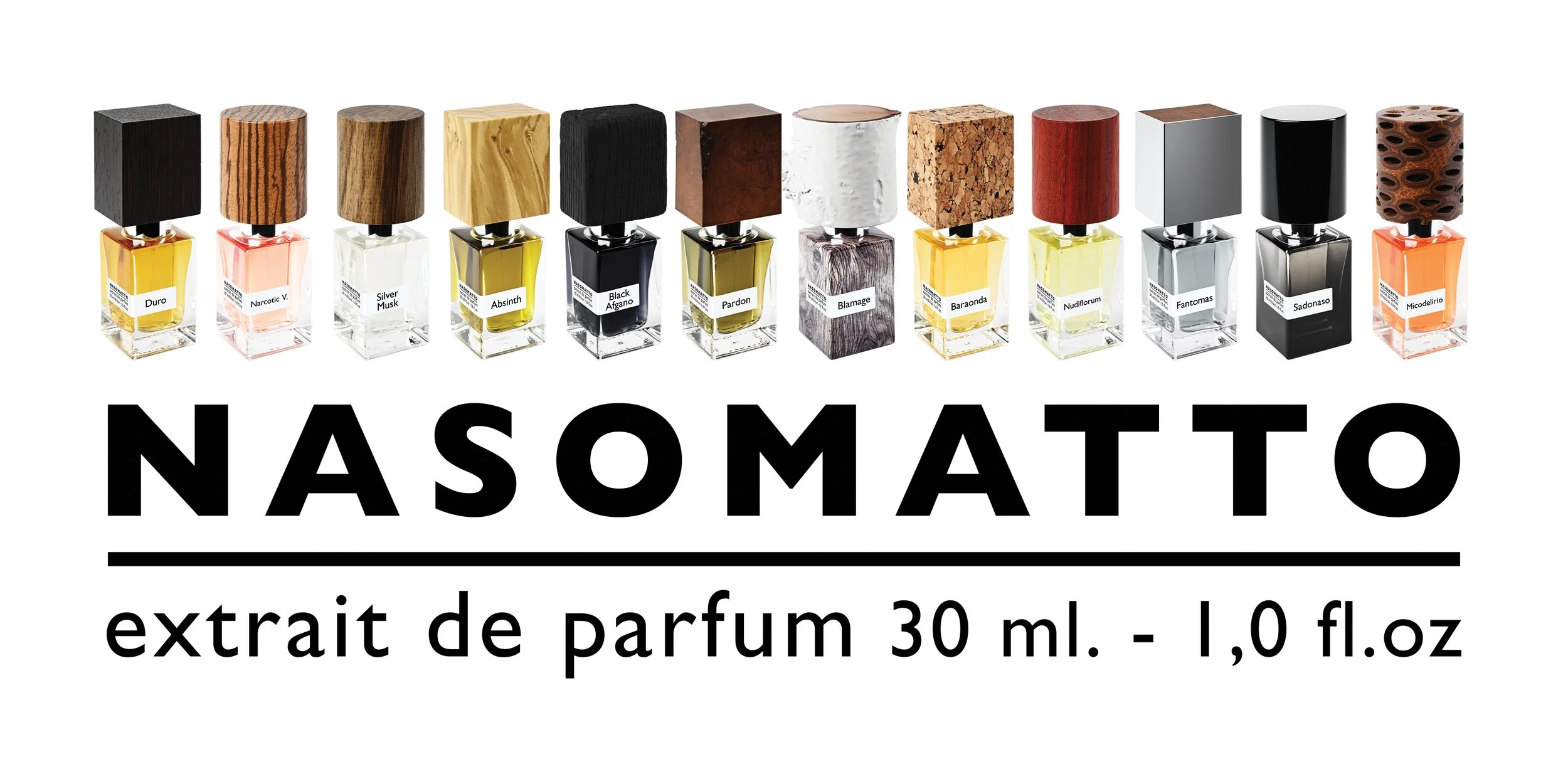 La linea Nasomatto: dodici flaconi di extrait de parfum su fondo bianco con il logo del marchio.