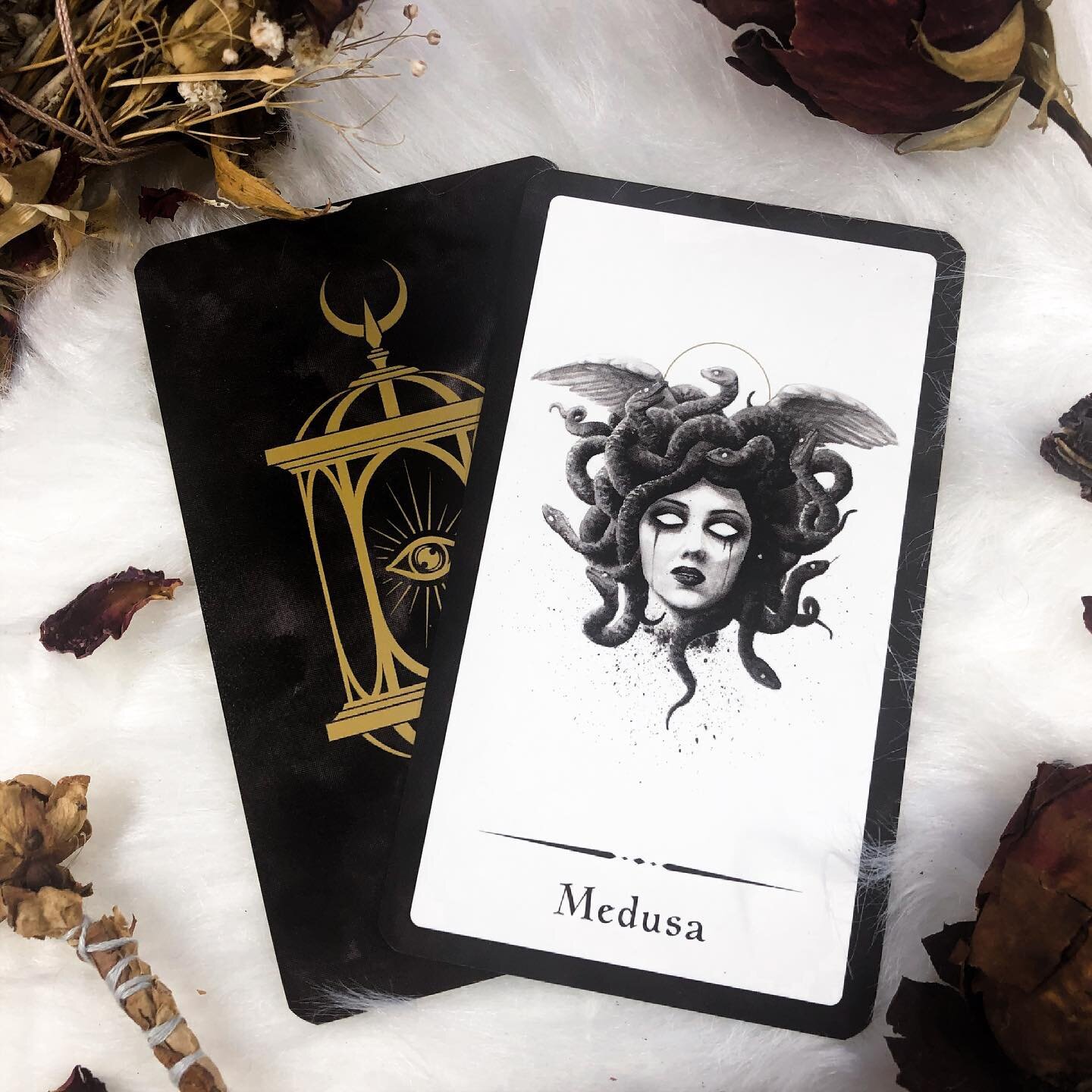 Tomorrow&hellip; 12 PM CST🌙 

The decks are launching. Are you ready? I&rsquo;m a bundle of happy nerves! 🍾 Medusa&rsquo;s staring at me like&hellip; chill lol.

The Witches of Legend oracle deck features 

-34 gilded cards 
- metallic ink embellis