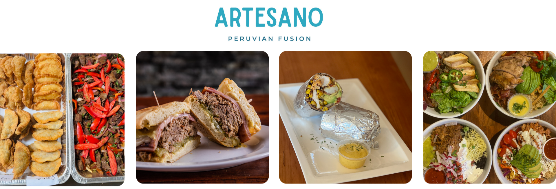 Artesano Peruvian fusion food great for catering and perfect for events. Party trays of empanadas and lomo saltado, hearty sandwiches, burritos, and bowls.