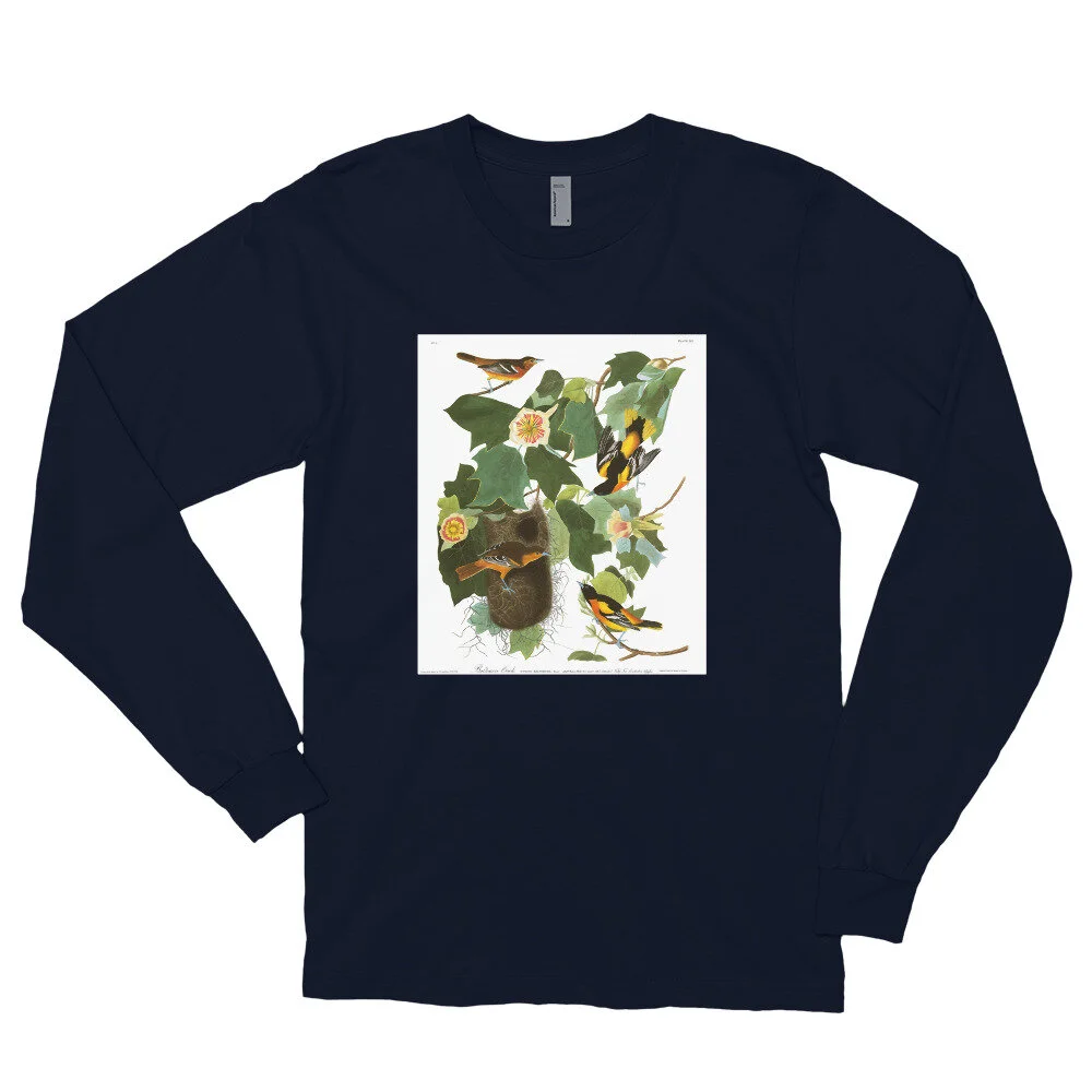 Baltimore-Oriole-The-Birds-of-America,-Long-Sleeve-Shirt_mockup_Front_Flat_Navy.jpg
