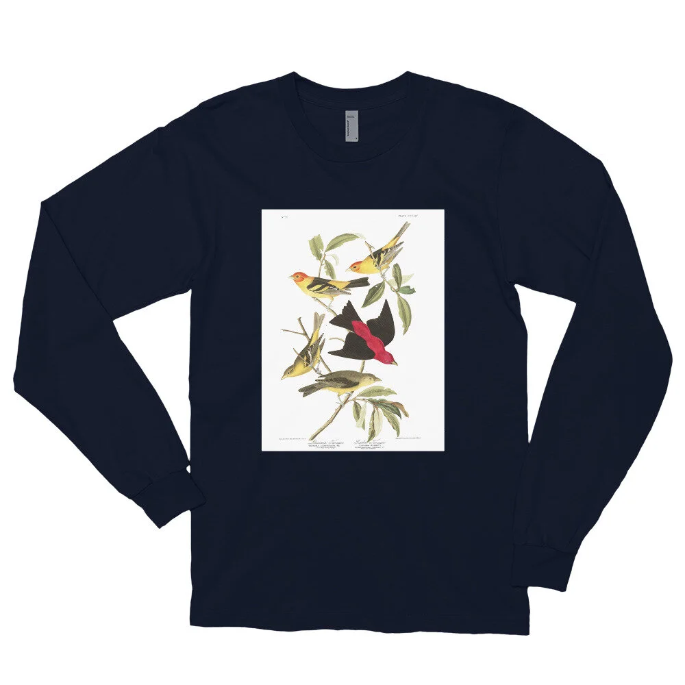 Western--Scarlet-Tanager,-The-Birds-of-America,-Long-Sleeve-Shirt_mockup_Front_Flat_Navy.jpg