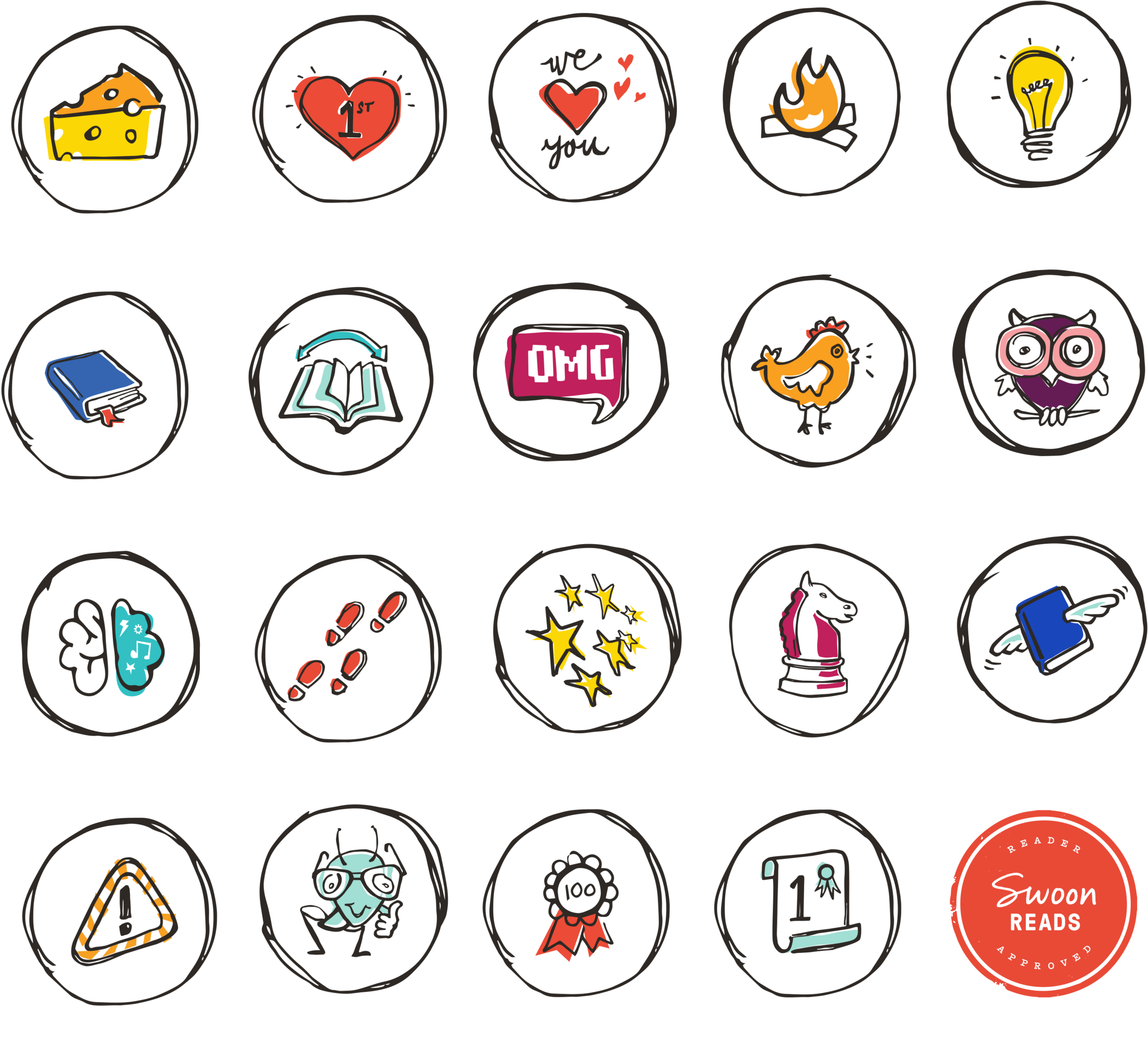 Designer and illustrator Kimmy Alexander out of thelab's Ohio office helped us recreate the Swoon Reads badge system to match the new brand style. Side note: I don't think I've said "super cute!" as much on any project, ever. creative lead Anne Baker group creative director Darci Manley producer Nick Parisi art director Emma Galli illustrator Kimmy Alexander