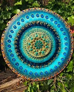 ‘Heart Chakra Mandala’ -Acrylics, glass and beads on wooden base. SOLD