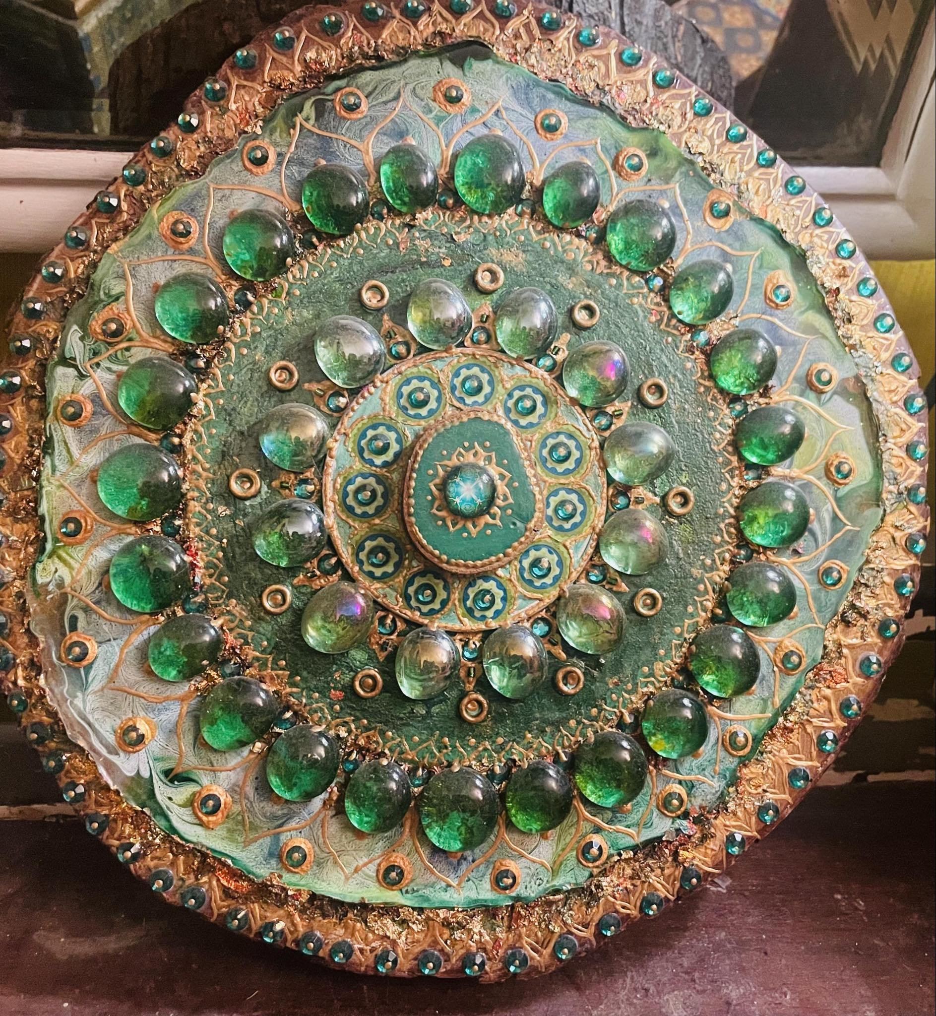 ‘Heart Chakra Mandala’ -Acrylics, glass and beads on wooden base. SOLD