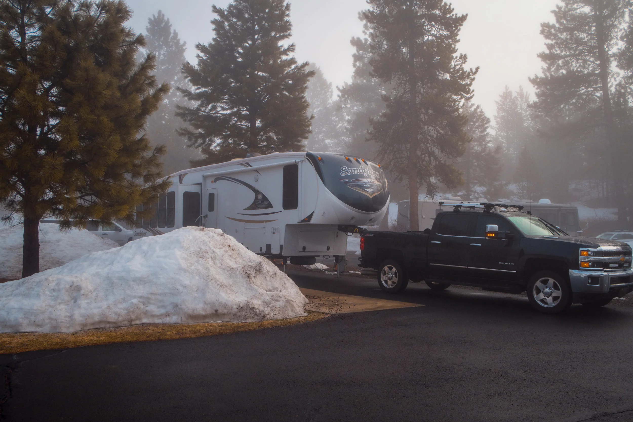 Easy pull -through at McCall RV Resort (the first time TheBeast has been in snow!)