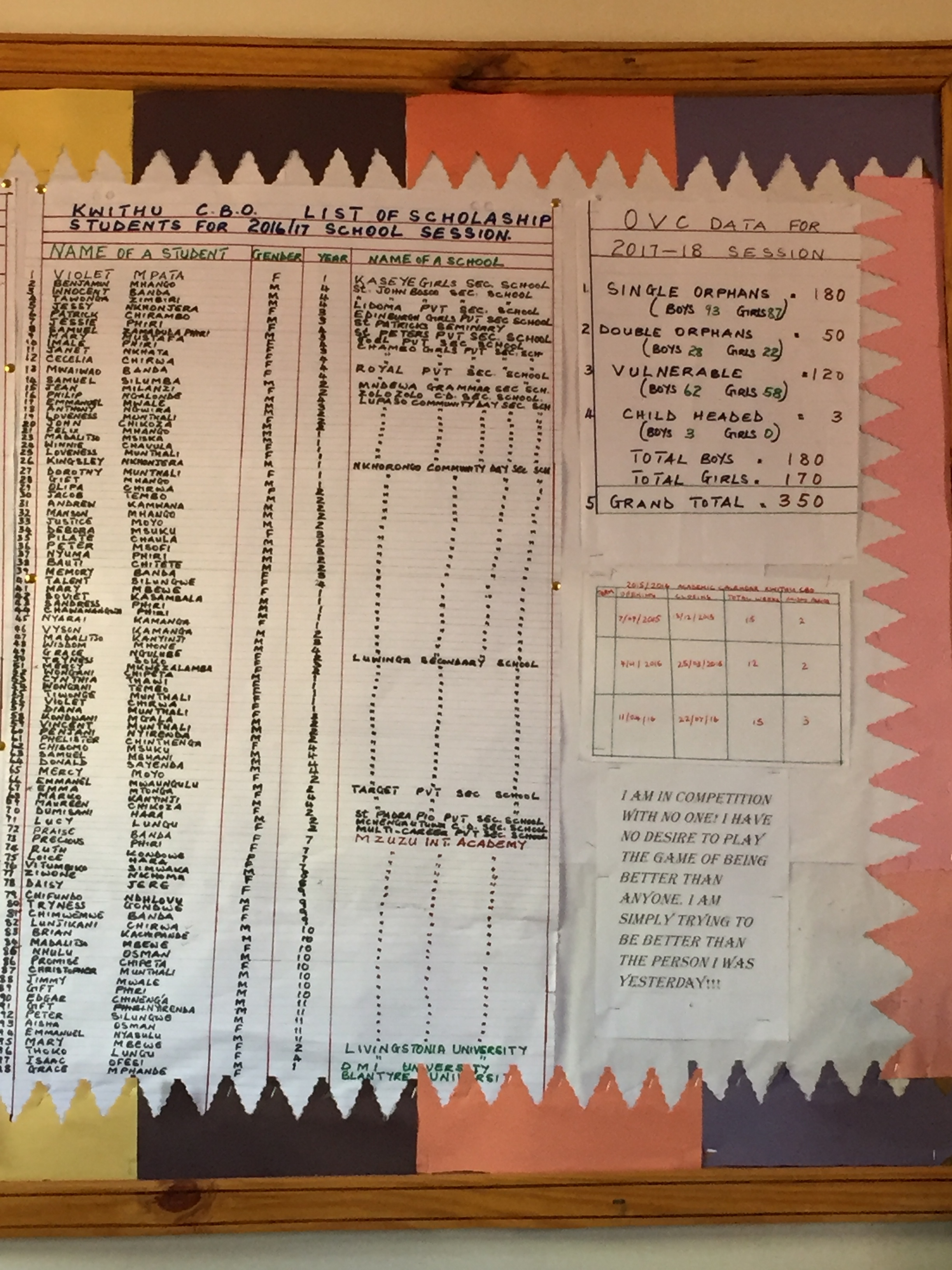  The char on the left shows the many educational scholorships that Kwithu provides to area children. Many of the children at Kwithu are without one or both parents (some without aunts/uncles to help raise them)&nbsp;as the chart on the right shows. 