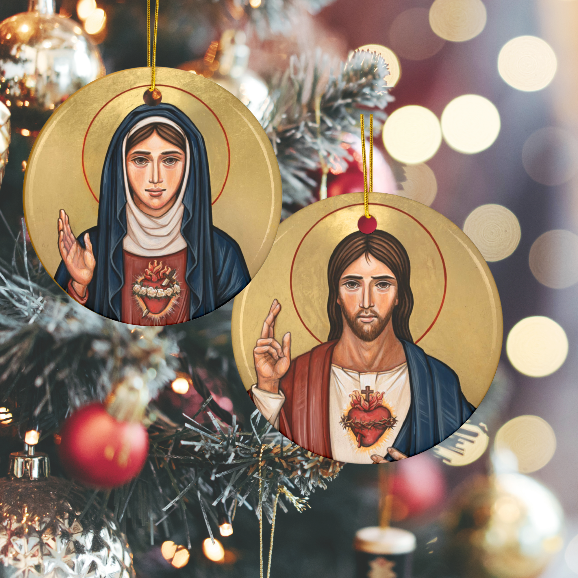 Sacred Heart & Immaculate Heart - Double Sided Ceramic Christmas Ornament