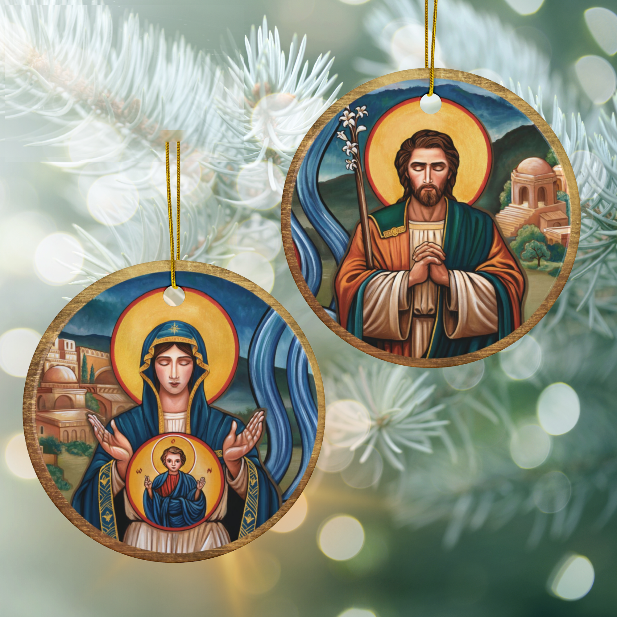 Mary Theotokos + St Joseph - Double Sided Ceramic Christmas Ornament