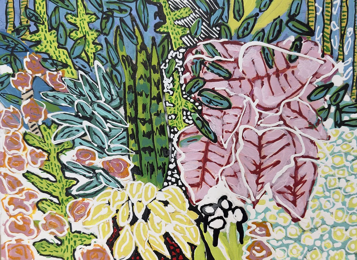 ubblegum Coleus and Friends, Acrylic on Wood Panel, 9” x 12”Includes canvas Floater Frame in Natural Wood