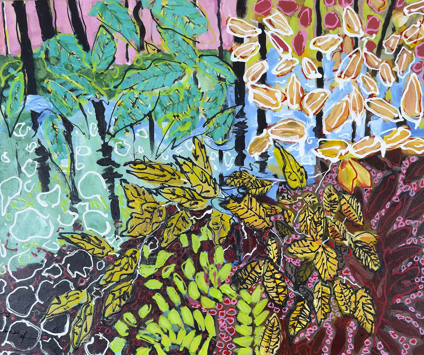 On the Rivers Edge, Acrylic on canvas, 20” x 24”. Includes canvas Floater Frame in Black