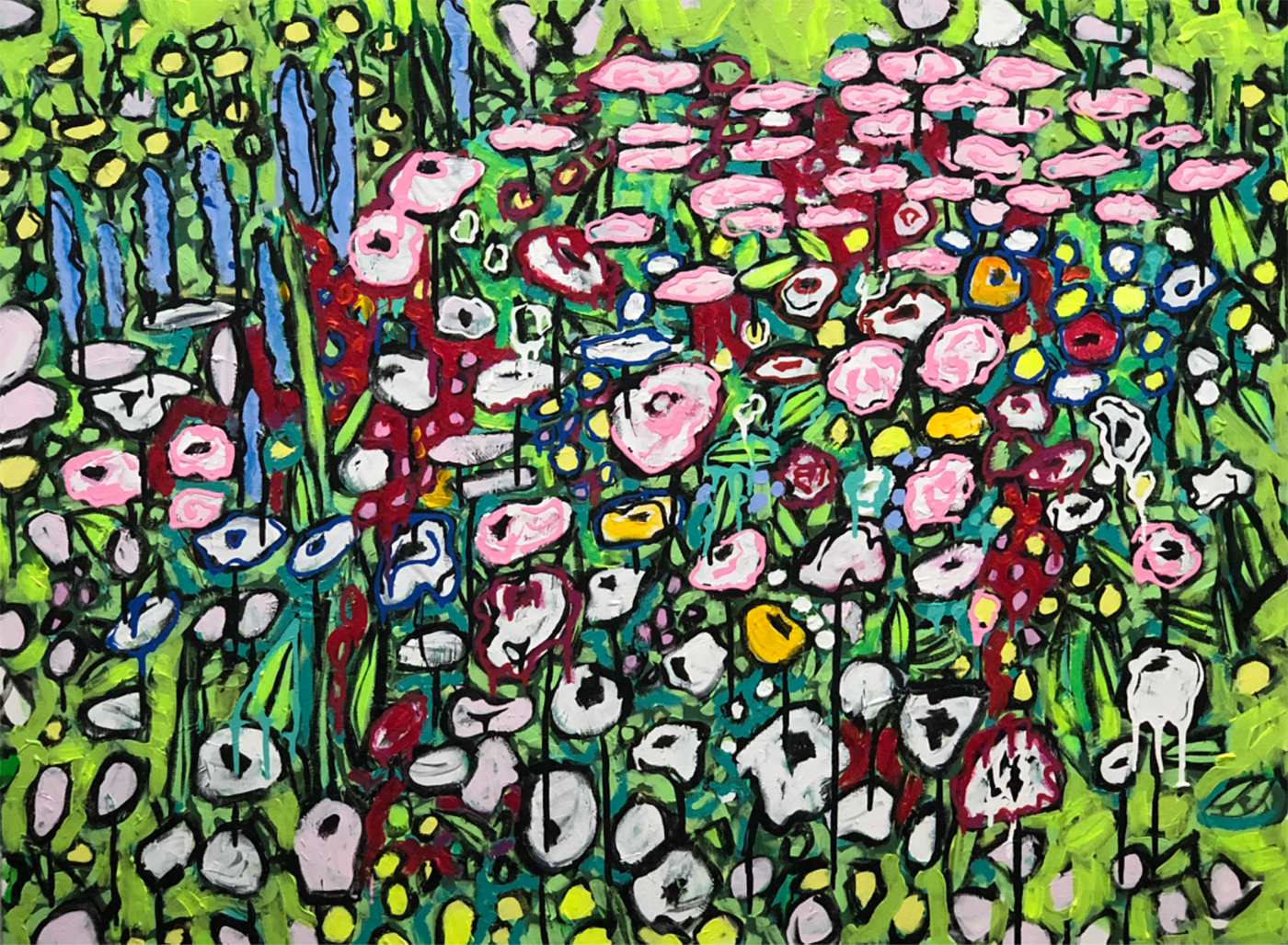 Pink flowers in meadow, acrylic on canvas, 36' x 40", SOLD